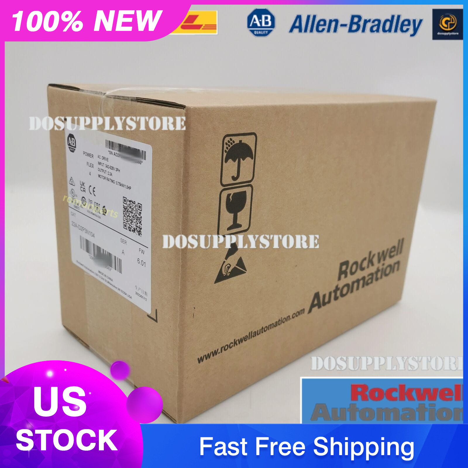 New Factory Sealed AB 22A-D2P3N104 PowerFlex 4 0.75 kW 1 HP AC Drive 22AD2P3N104