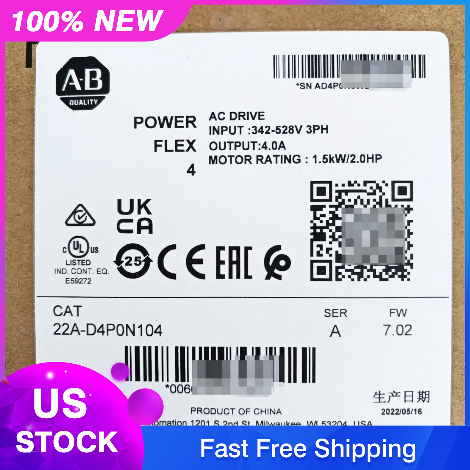 Sealed Allen-Bradley 22A-D4P0N104 SER A POWERFLEX 4 Catalog AC Drive US Free Tax