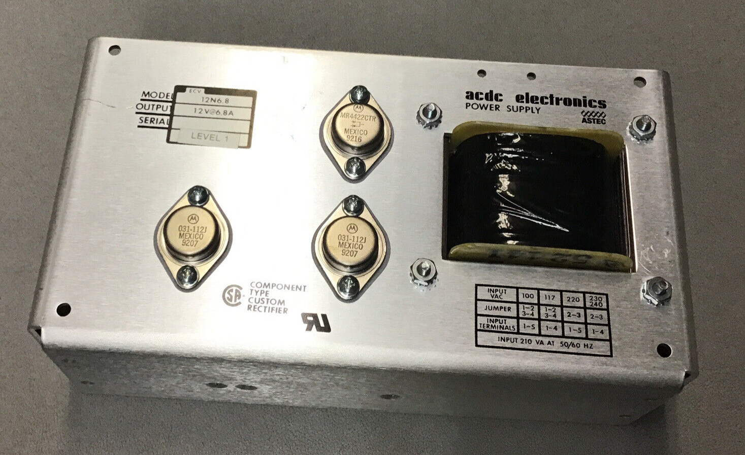 Astec Acdc Electronics Power Supply 12 V 6.8 A Custom Rectifier 12N6.8 (B393)