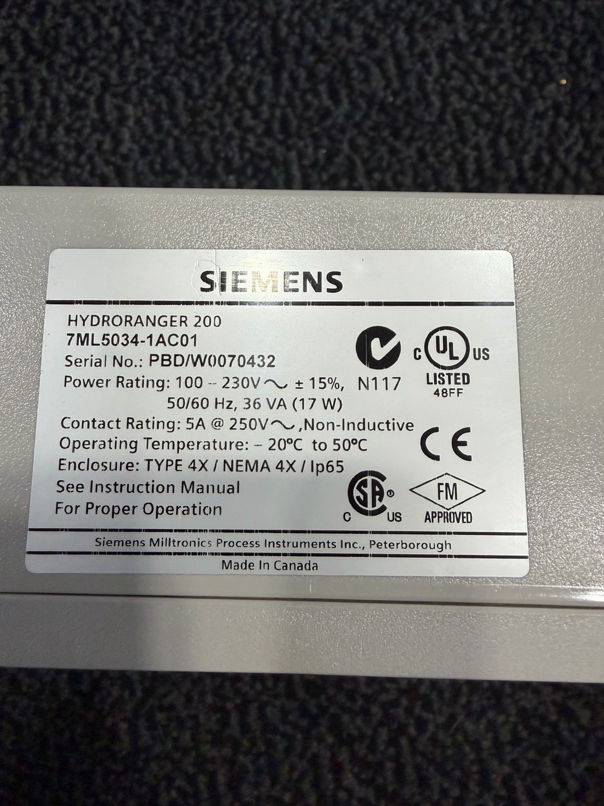 SIEMENS 7ML5034-1AC01 HydroRanger 200 Ultrasonic level controller 7ML50341AC01