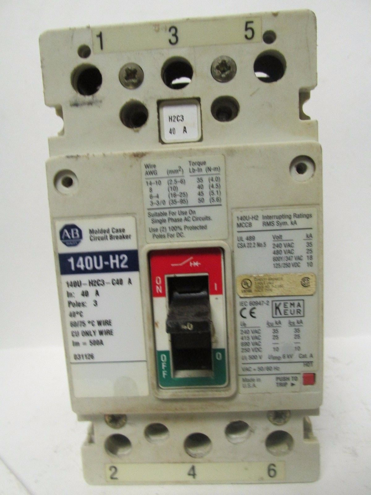 * ALLEN BRADLEY 140U-H2 3 POLE 40 AMP CIRCUIT BREAKER ……… WJ-133