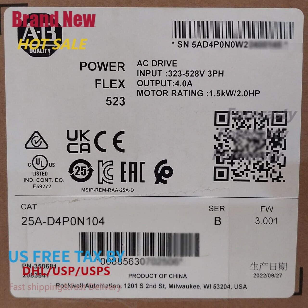 New Sealed Allen-Bradley 25A-D4P0N104 Ser B PowerFlex 523 AC Drive 1.5kW 2.0HP