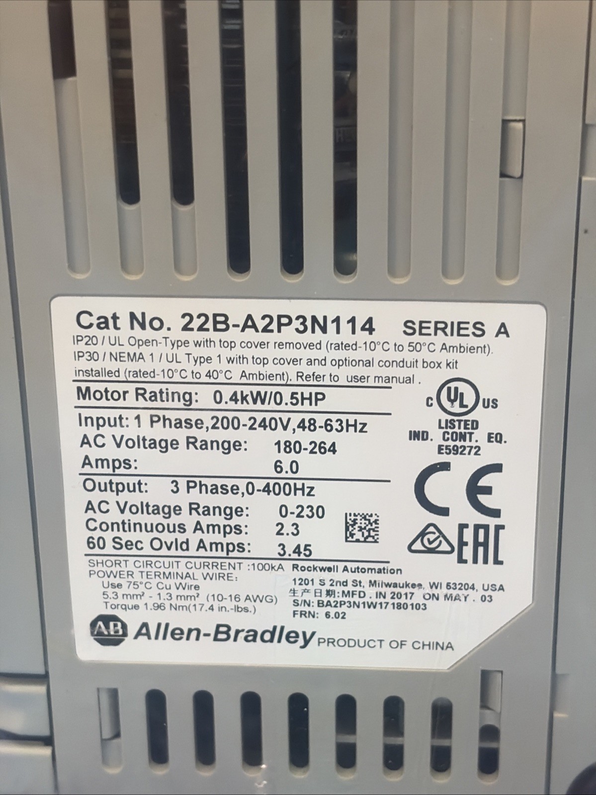 22B-A2P3N114 New PowerFlex 40- 0.4 kW (0.5 HP) AC Drive 22B-A2P3N114 Ser A NNB