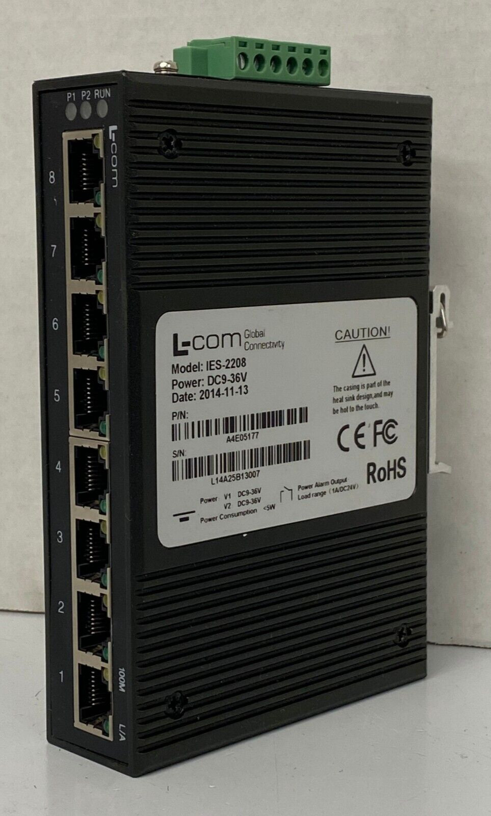 L-COM IES-2208 INDUSTRIAL ETHERNET SWITCH 8-PORT RJ-45 10/100 TX SPEED