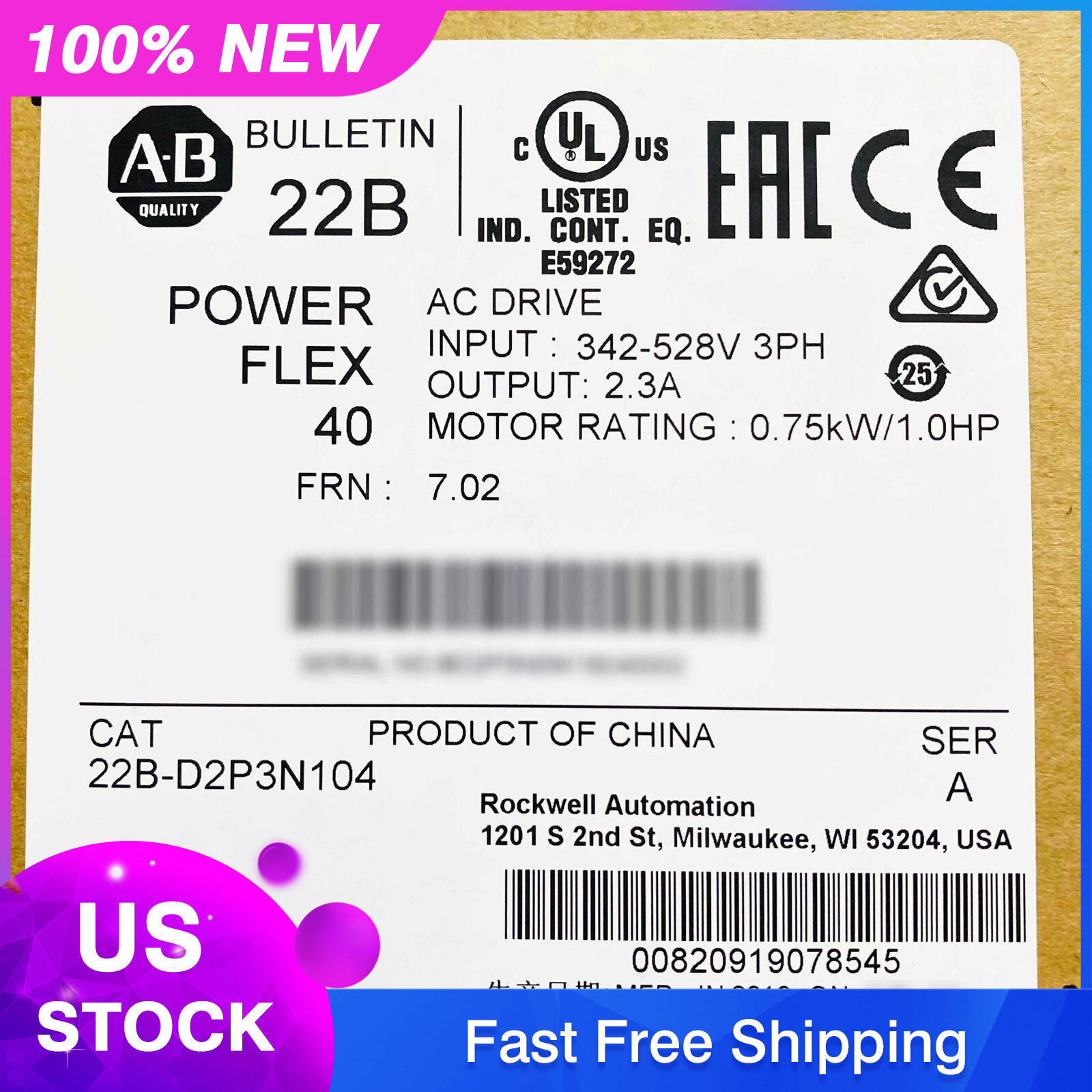 22B-D2P3N104 22BD2P3N104 Allen Bradley PowerFlex 40 AC Drive SURPLUS IN BOX 2023