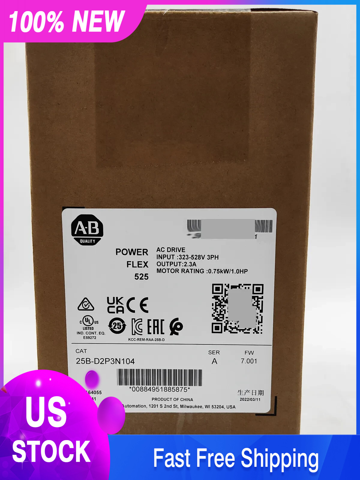 New Allen-Bradley 25B-D2P3N104 PowerFlex 525 0.75kW (1Hp) AC Drive 3 Phase