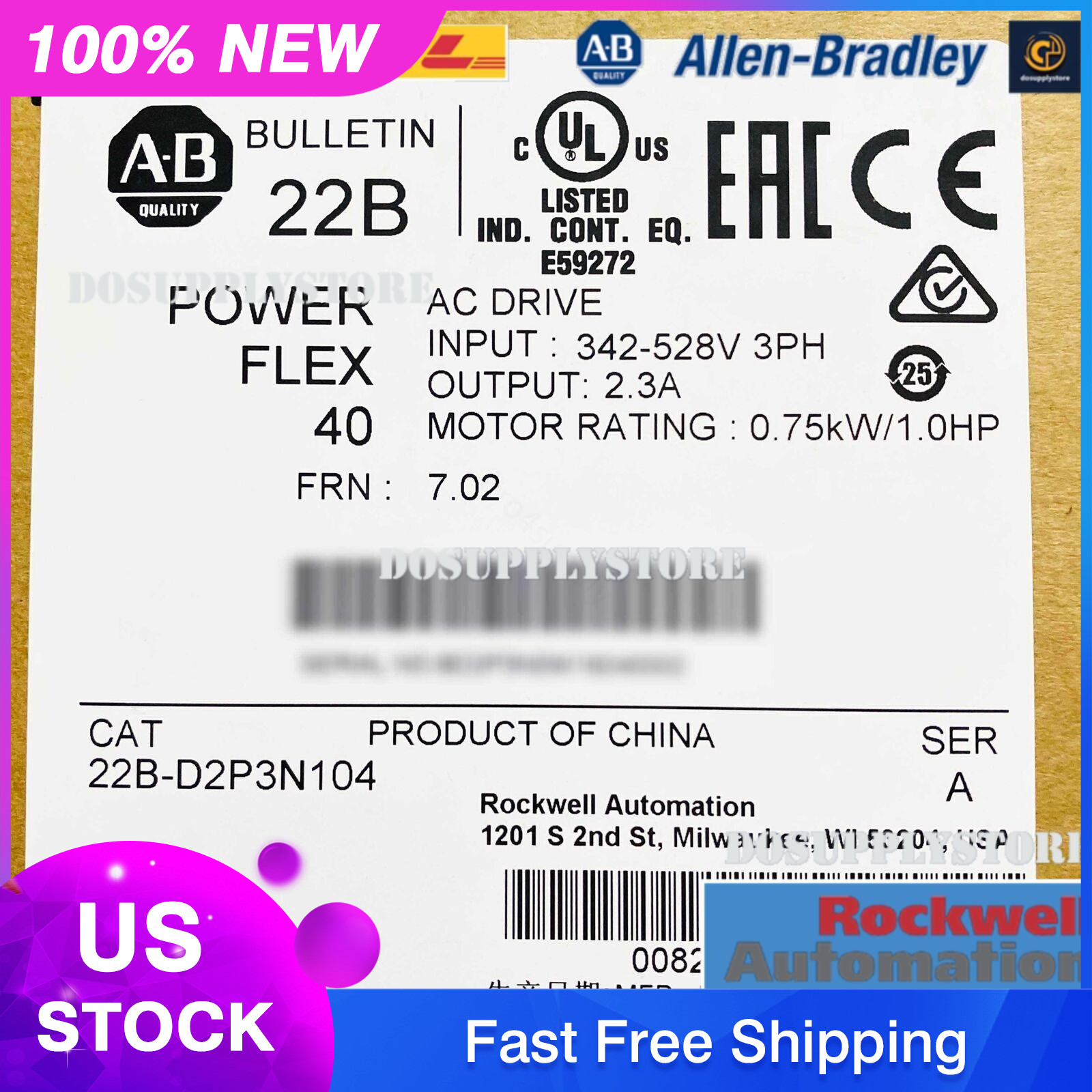 22B-D2P3N104 22BD2P3N104 Allen Bradley PowerFlex 40 AC Drive SURPLUS IN BOX 2023