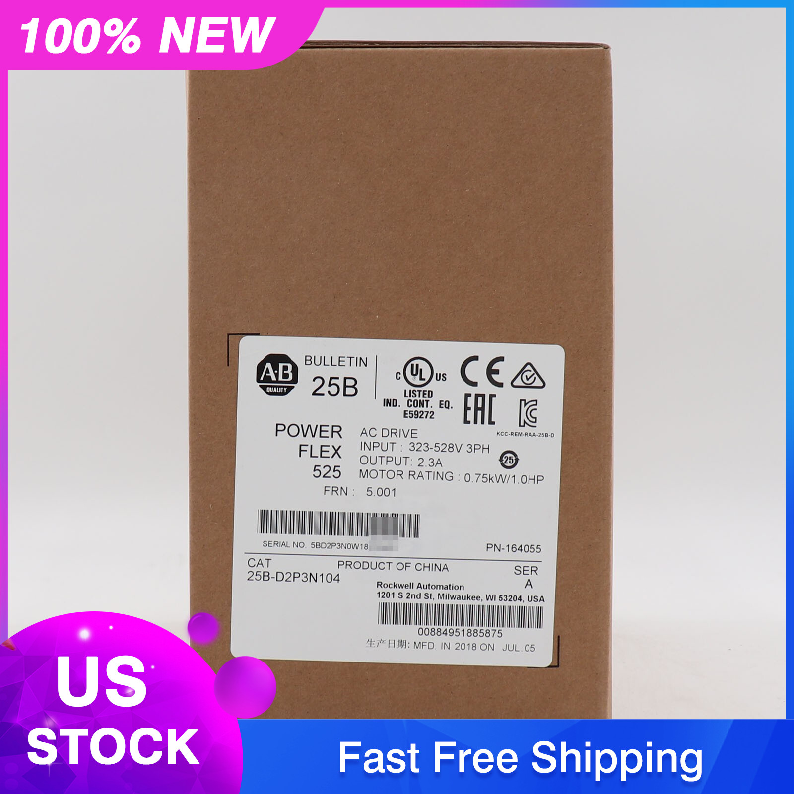 Allen-Bradley AB 25B-D2P3N104 PowerFlex 525 0.75kW 1Hp AC Drive Factory Sealed