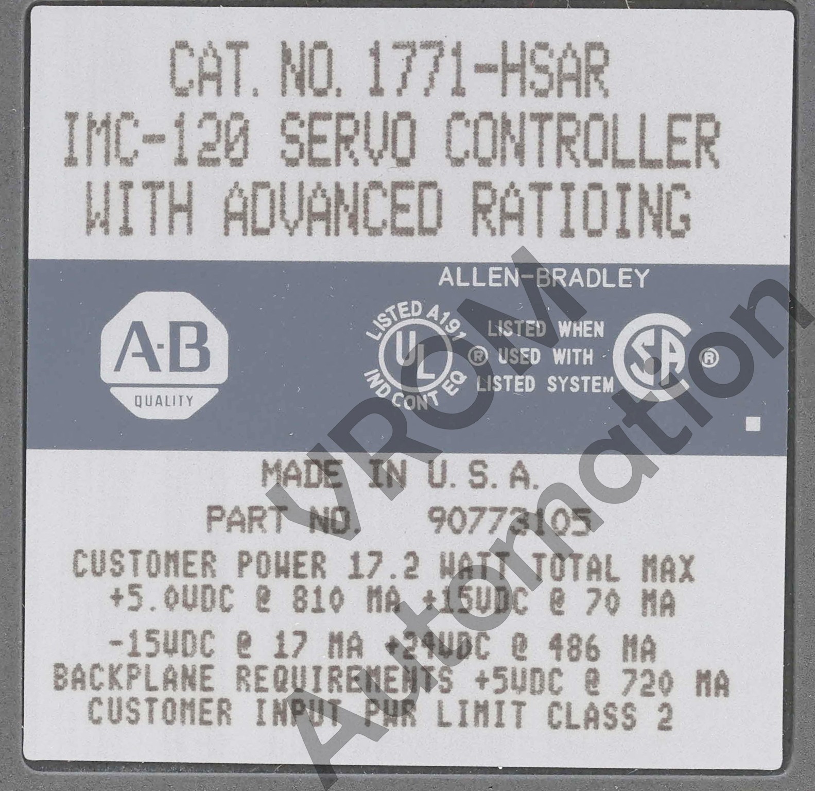 Surplus Allen Bradley 1771-HSAR /A SERVO CONTROL MODULE PLC5 W/O HMA MEMORY MODU