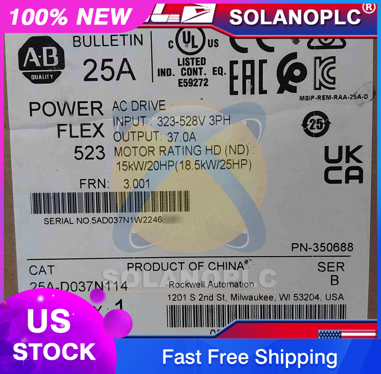 NEW Allen-Bradley AB 25A-D037N114 Ser B PowerFlex 523 AC Drives 20HP 15kW