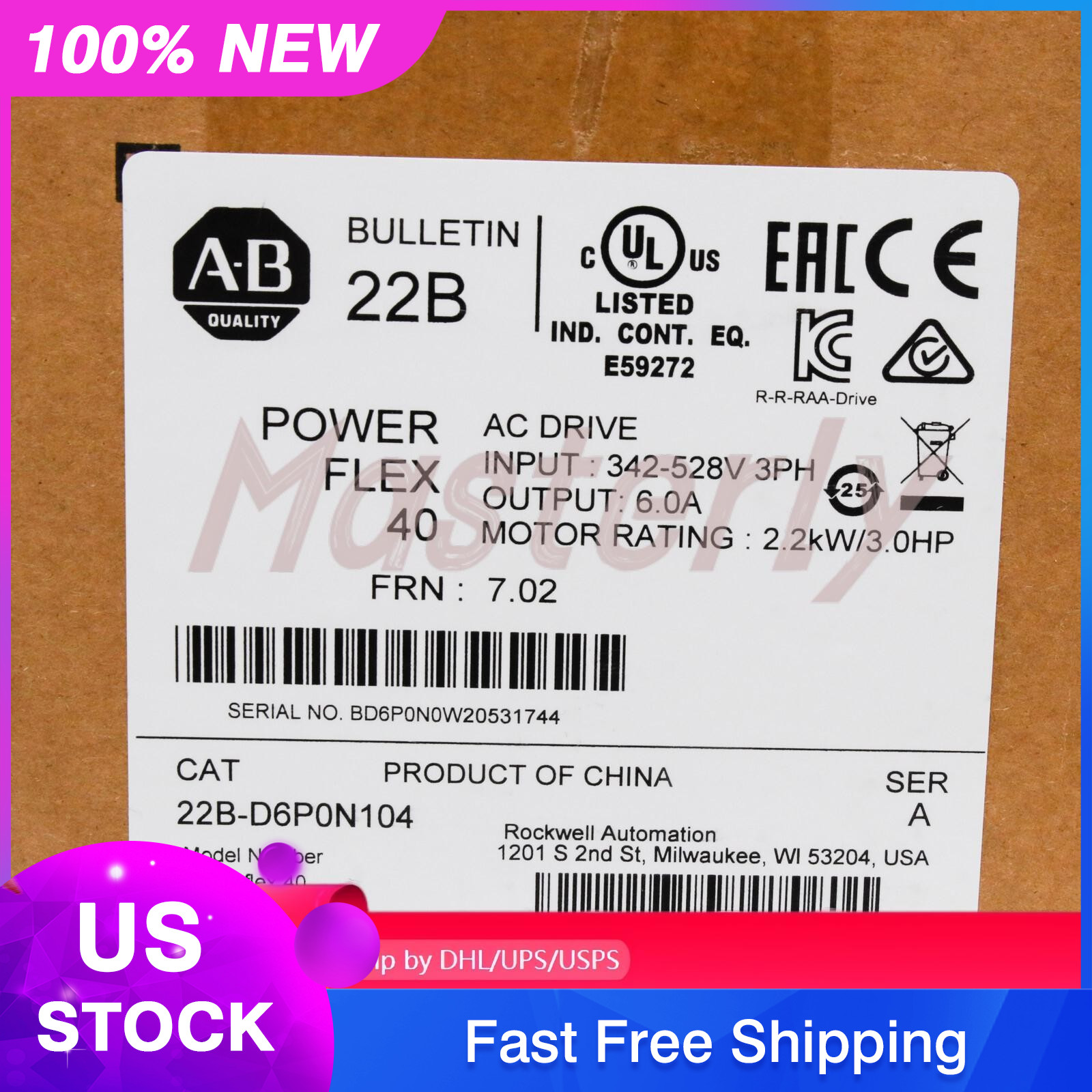 22B-D6P0N104 Allen-Bradley PowerFlex 40 2.2KW/3.0HP AC Drive US Free Tax