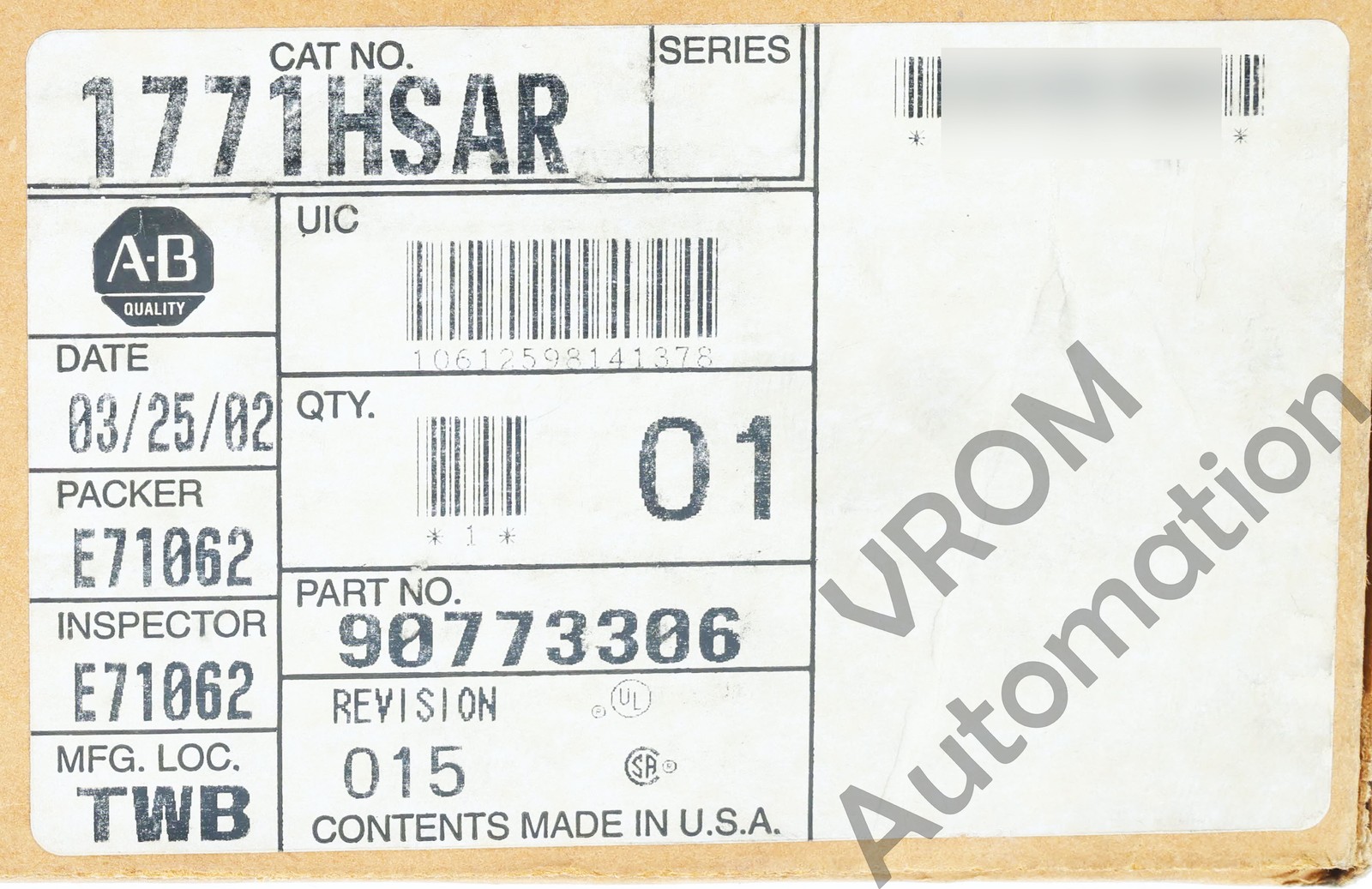 Surplus Allen Bradley 1771-HSAR /A SERVO CONTROL MODULE PLC5 W/O HMA MEMORY MODU