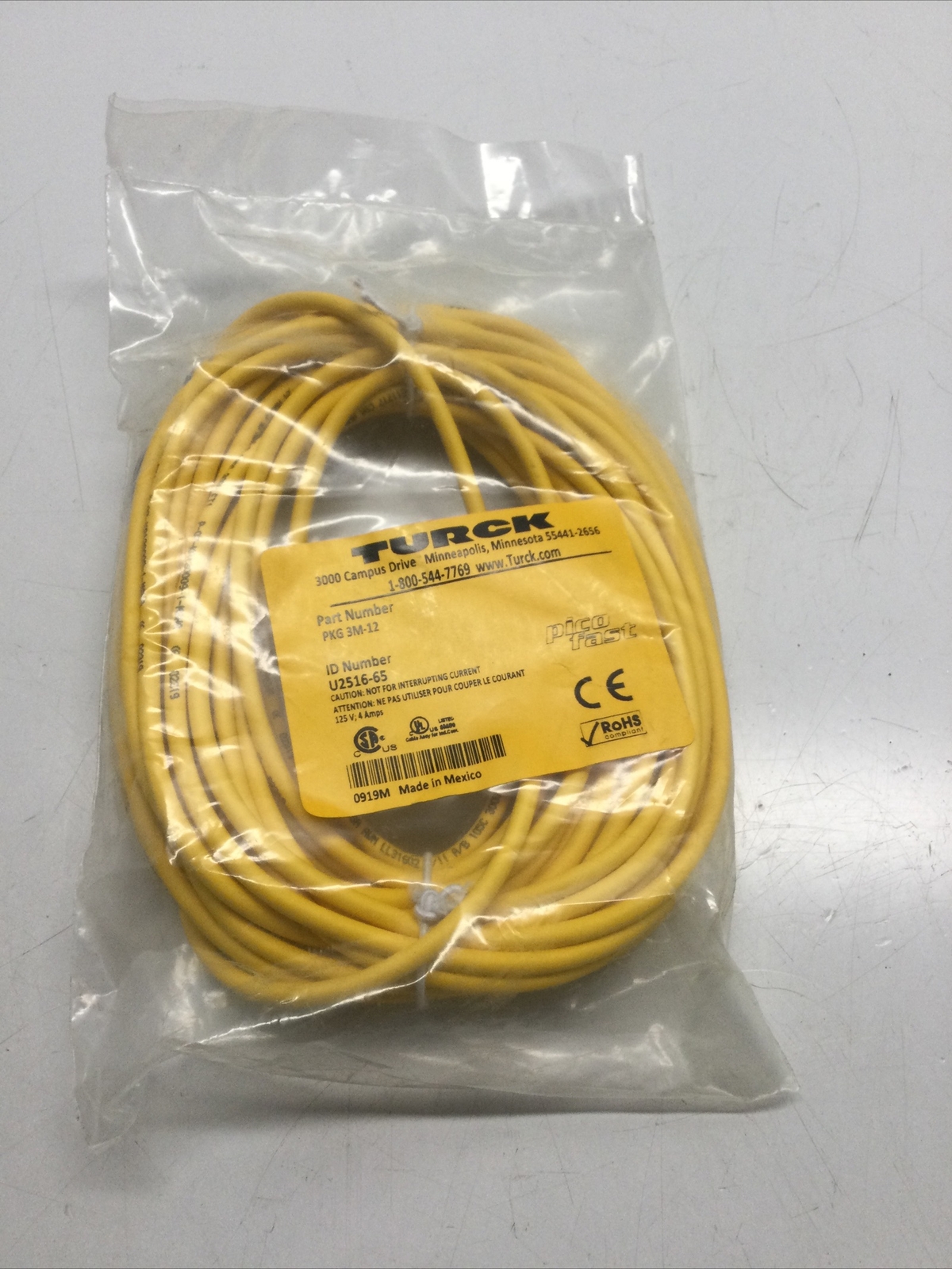 NEW, TURCK, PKG 3M-12, SENSOR CORDSET, U2516-65. (12J-4)