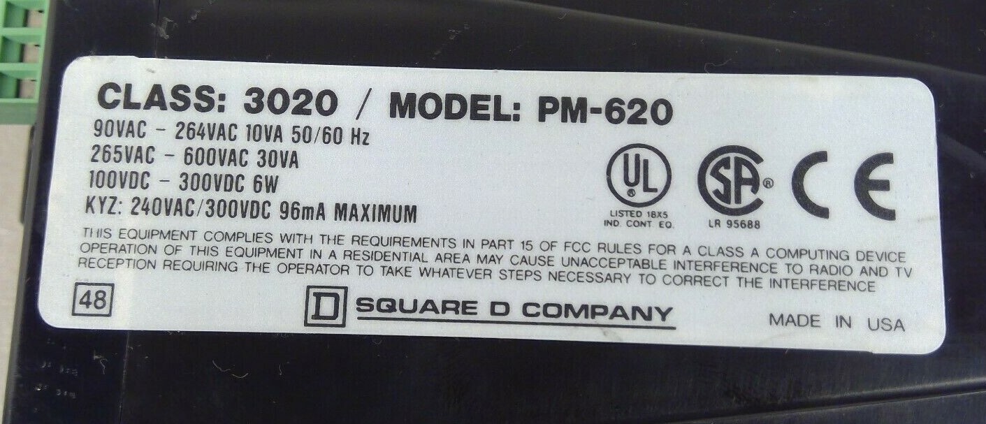 Square D 3020-PM620 – Class: 3020 / Model: PM-620 Powe Meter 4G