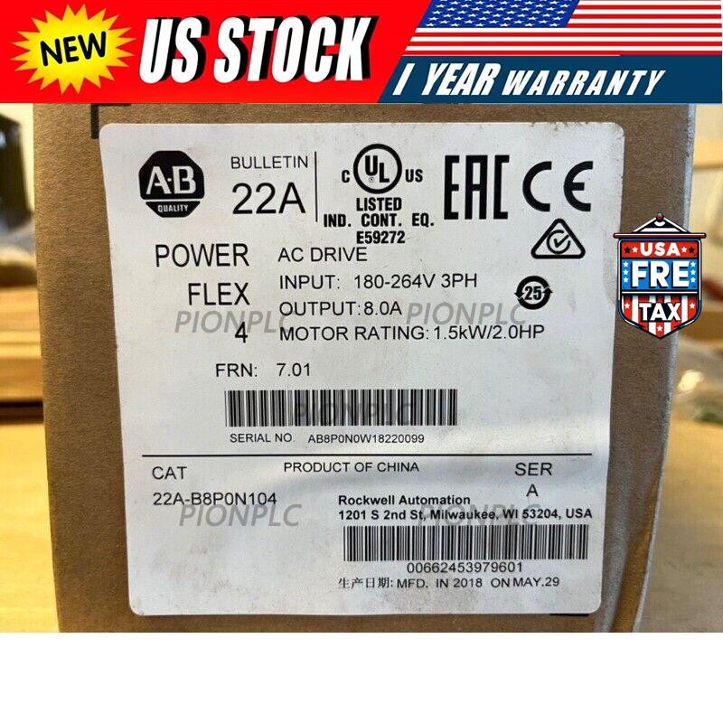 Allen-Bradley 22A-B8P0N104 PowerFlex 4 1.5 kW (2 Hp) AC Drive US Free Tax