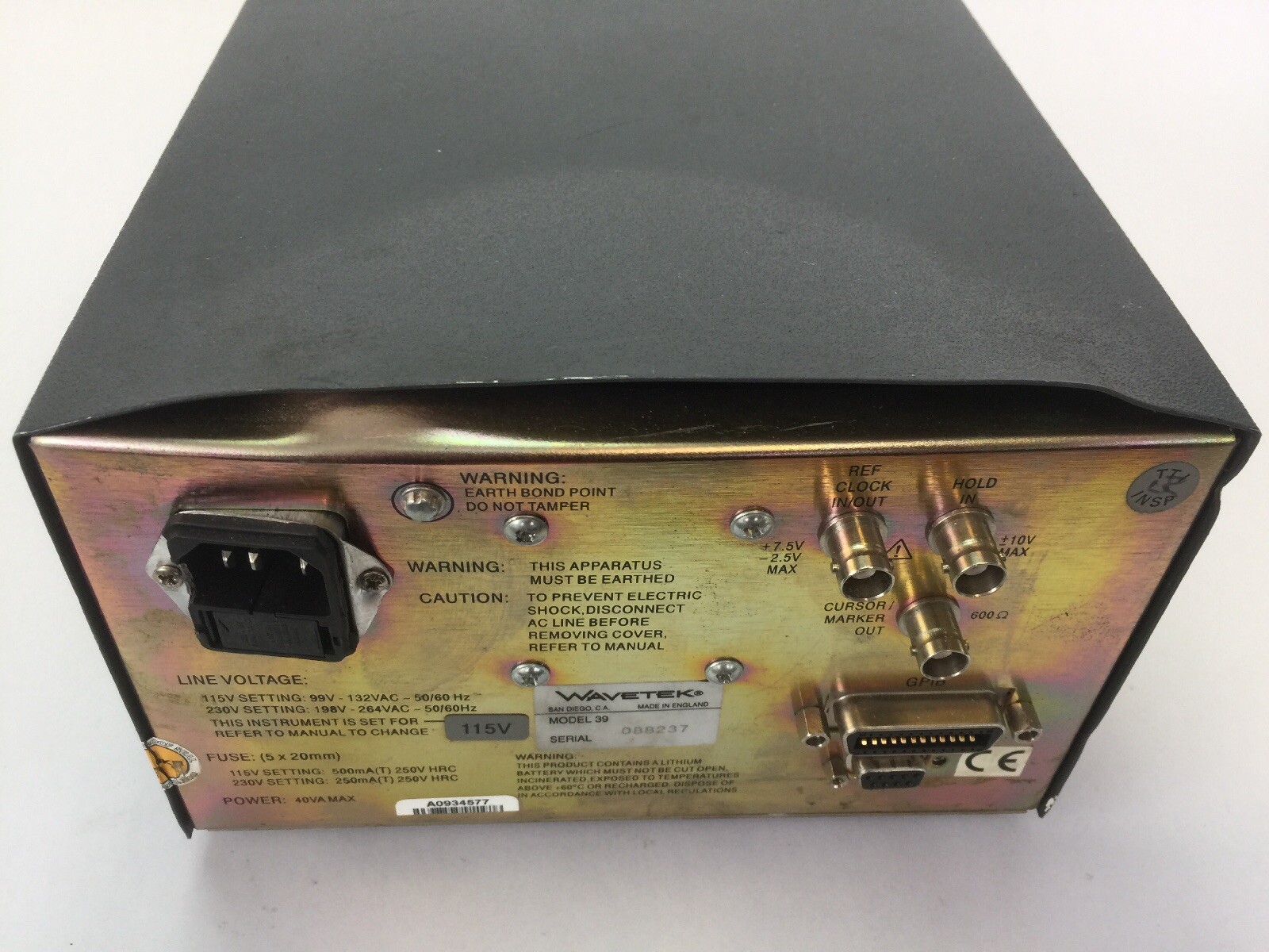 WAVETEK MODEL 39 30MS/s UNIVERSAL WAVEFORM GENERATOR 198-264VAC 250mA(T)250V HRC