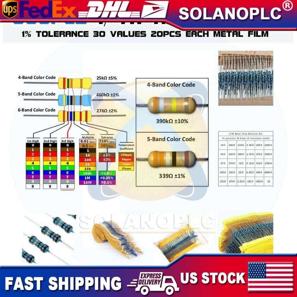 600pcs 30 Values 1/4W Metal Film Resistors Resistance Assortment Kit Set 1% USA