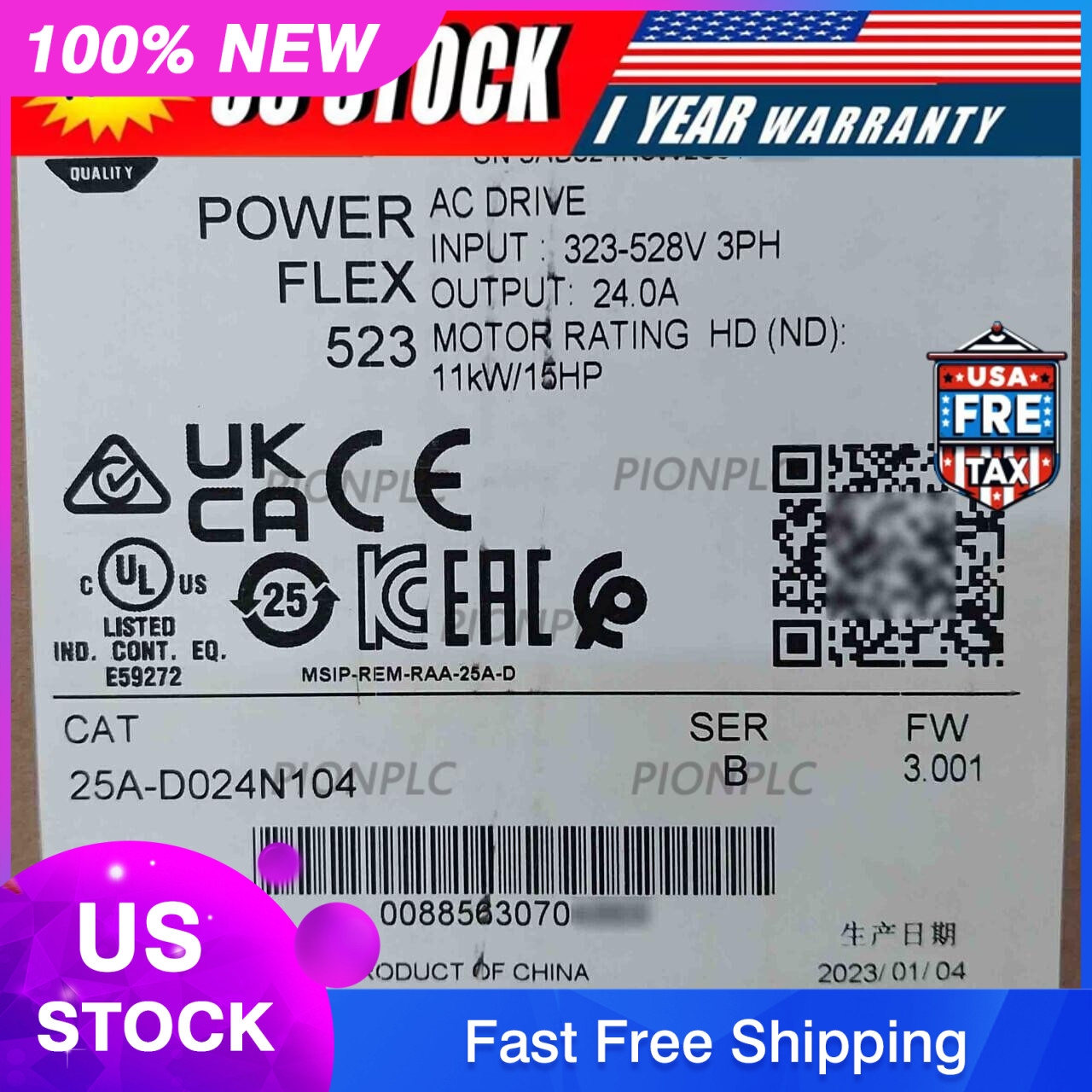 New Sealed Allen Bradley 25A-D024N104 Ser B PowerFlex 523 AC Drive 11kW 15HP