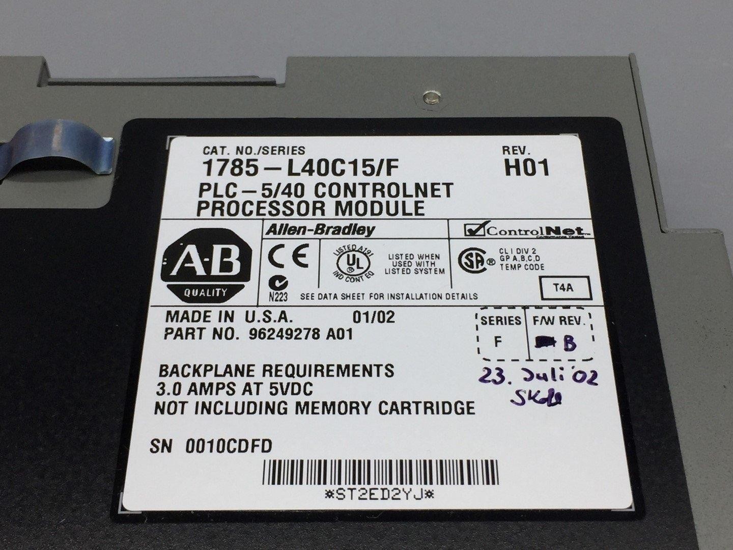 Allen Bradley 1785-L40C15/F ControlNet Processor Module PLC-5/40C