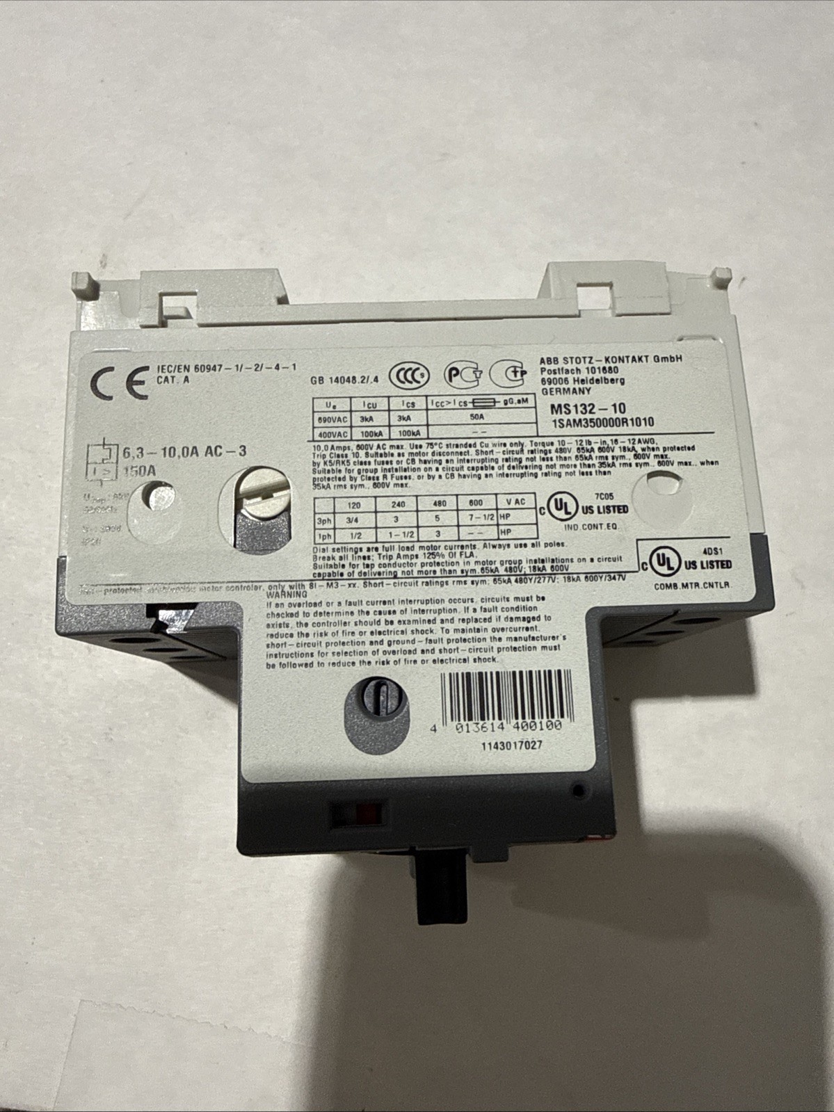 NEW* ABB MS132-10 (6.3-10A) Motor Protection Circuit Breaker Free US shipping