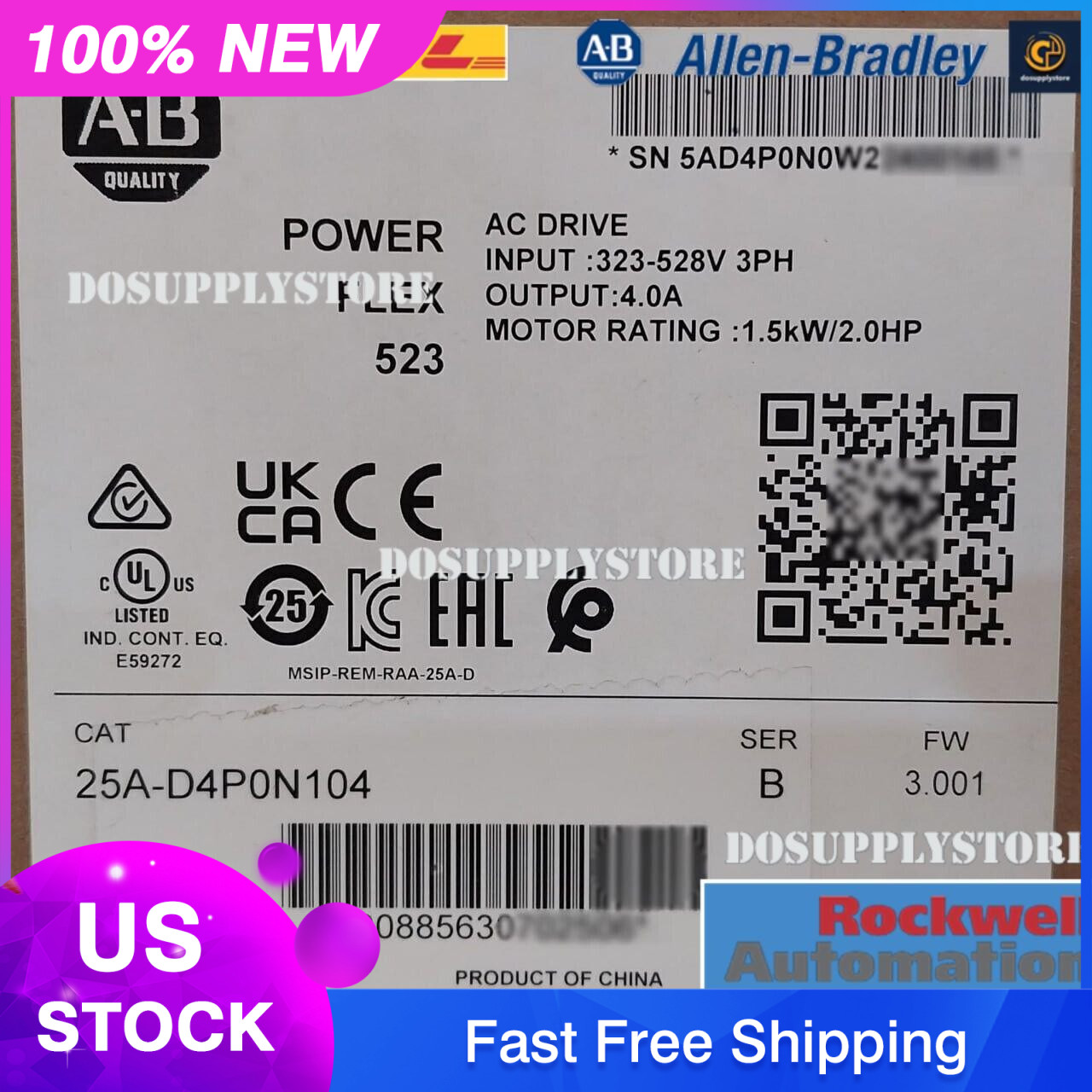 New Sealed Allen-Bradley 25A-D4P0N104 Ser B PowerFlex 523 AC Drive 1.5kW 2.0HP