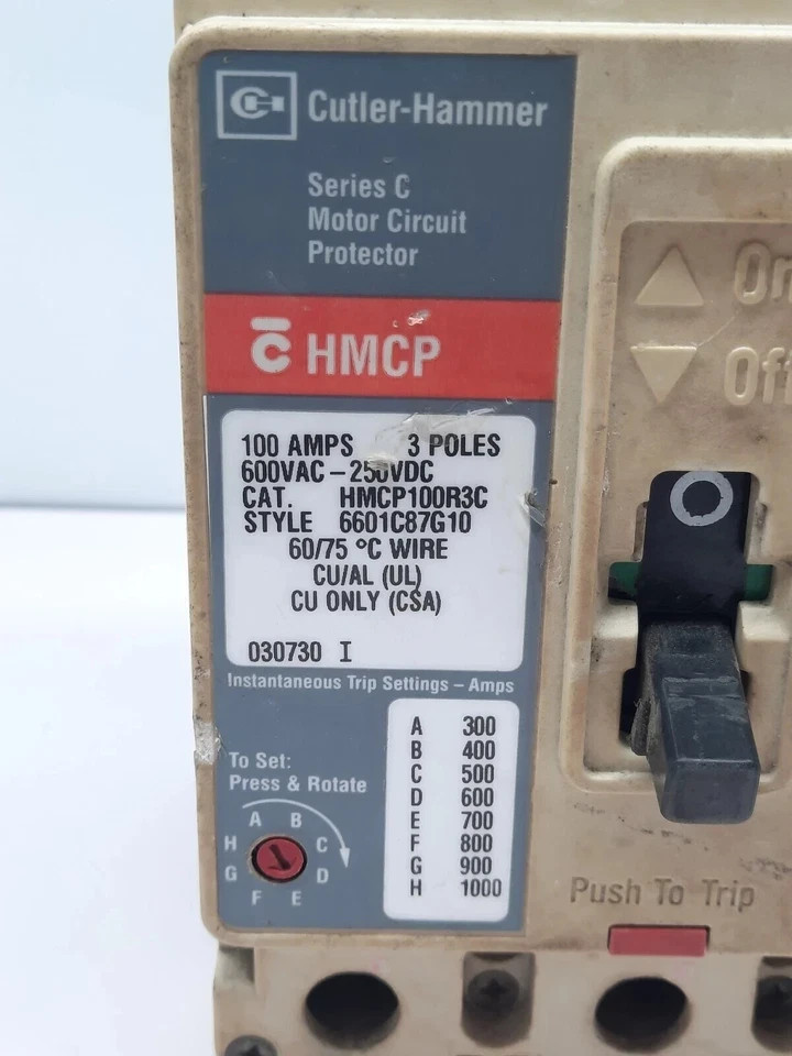 CUTLER HAMMER SERIES C HMCP100R3C Motor CIRCUIT BREAKER 3 POLE 100 AMPS 600VA