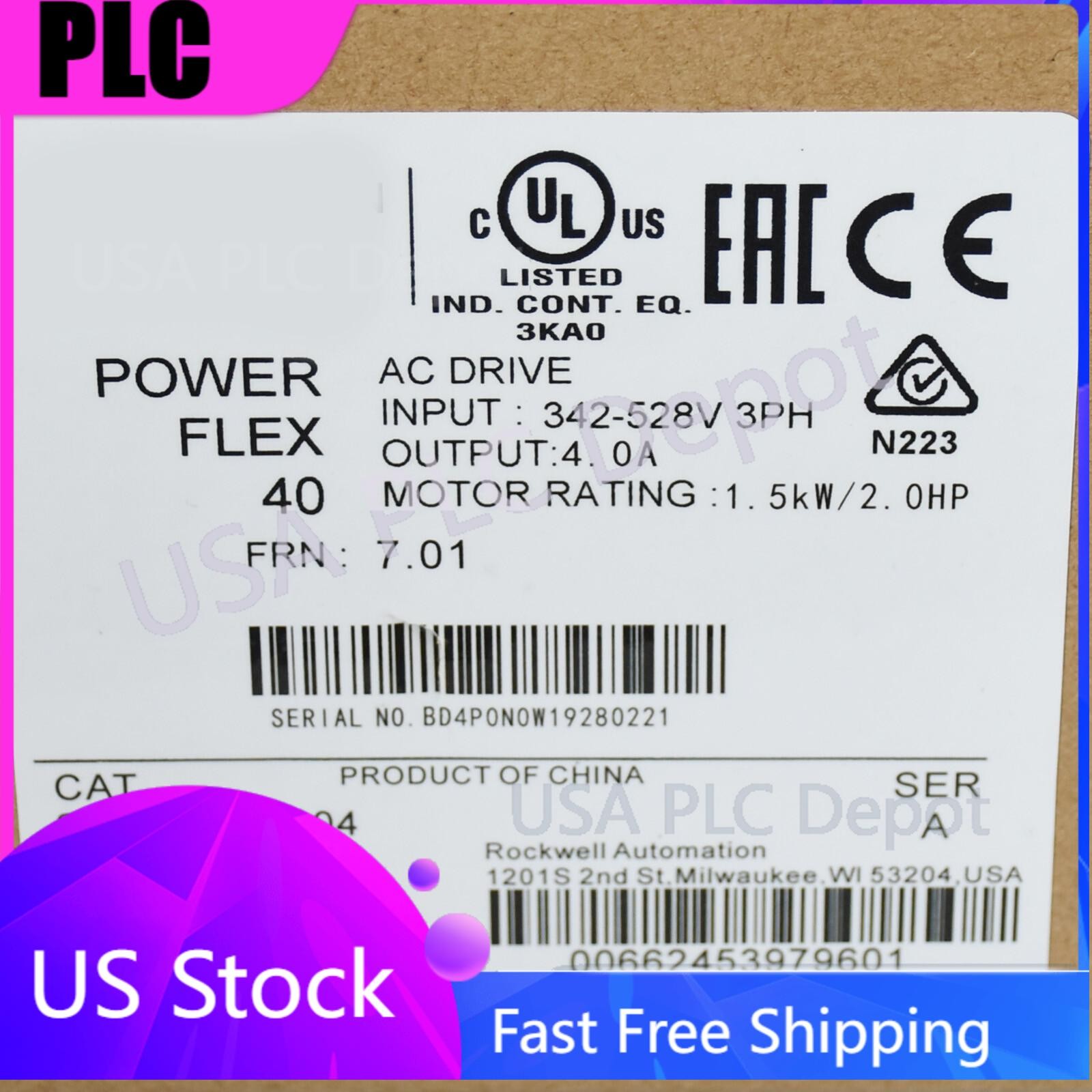 New Sealed Allen-Bradley 22B-D4P0N104 PowerFlex 1.5 kW 2 HP AC Drive AB