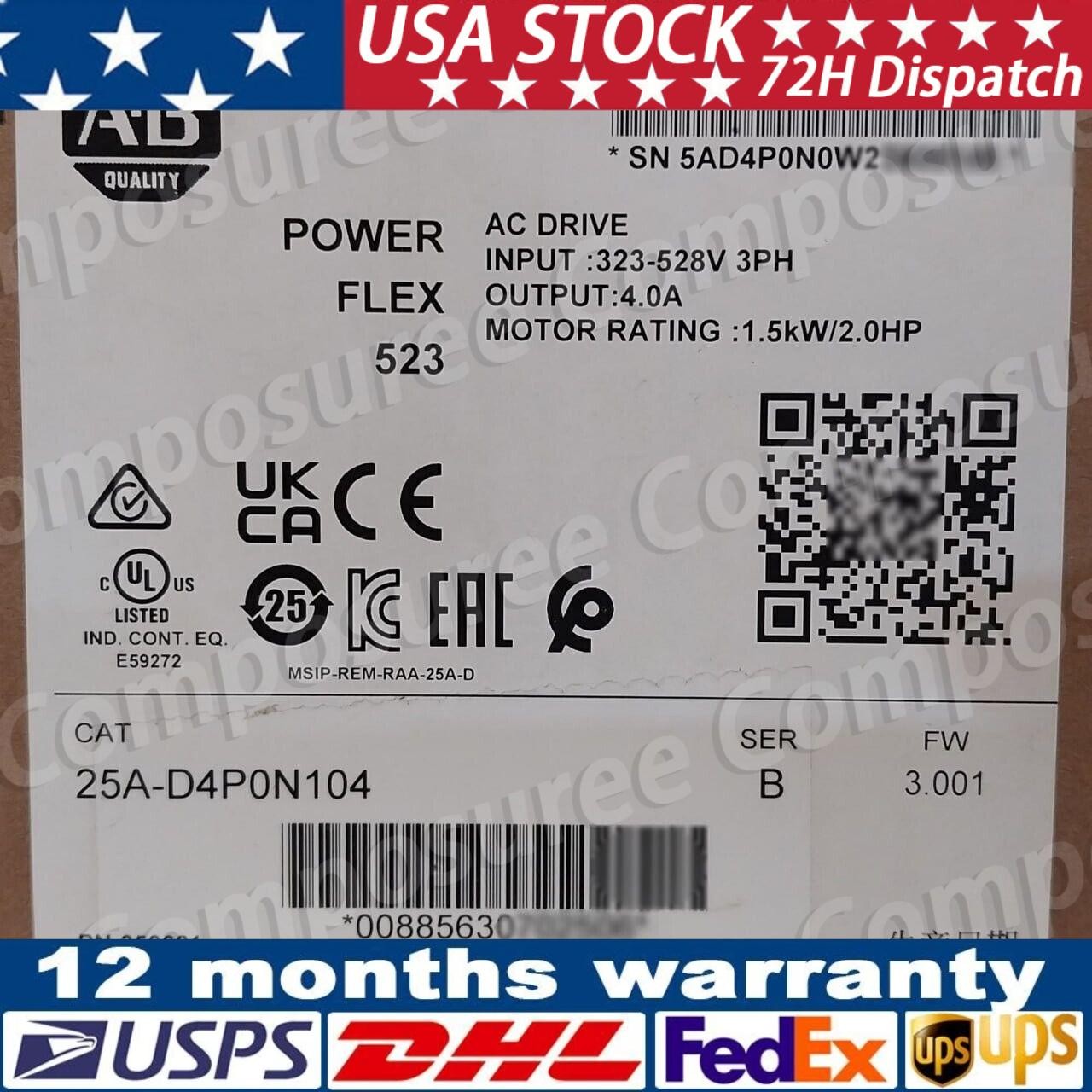 New Sealed Allen-Bradley 25A-D4P0N104 Ser B PowerFlex 523 AC Drive 1.5kW 2.0HP