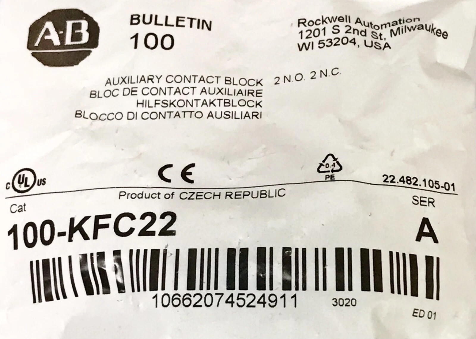 A-B 100-KFC22 Auxiliary Contact MCS 100-K, 104-K, 700-K Accessories