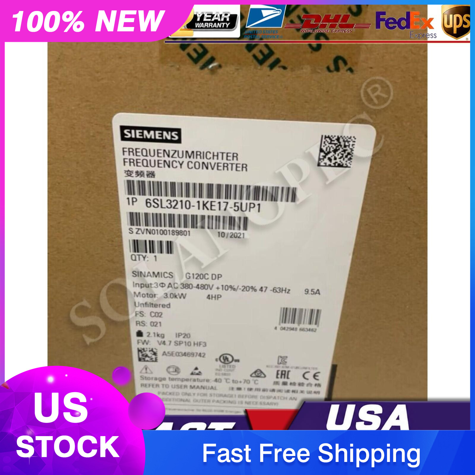 New Siemens 6SL3210-1KE17-5UP1 SINAMICS G120C 3,0KW Power Module Expedited Ship