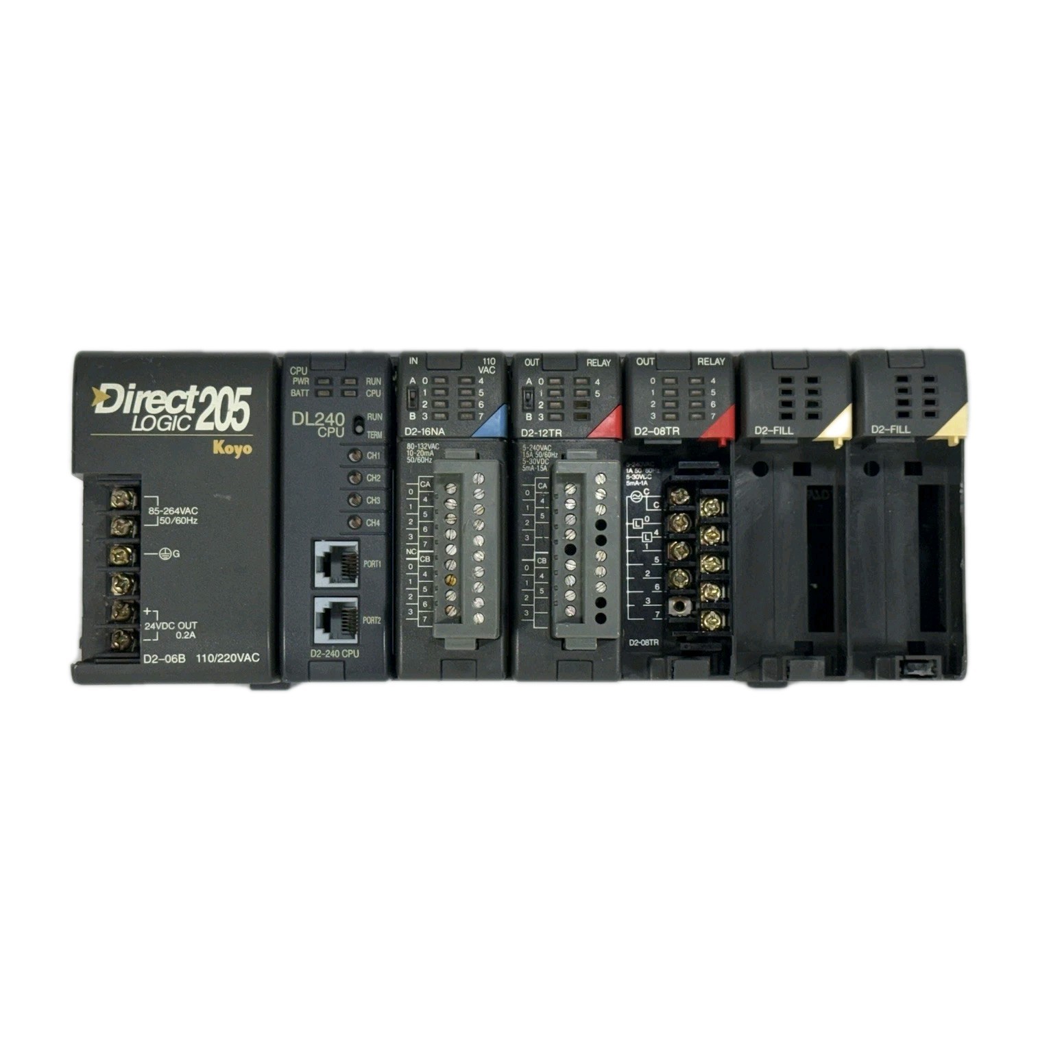 Koyo Direct Logic Automation Direct 205 w/ DL240 CPU, D2-16NA, D2-12TR – AS/IS