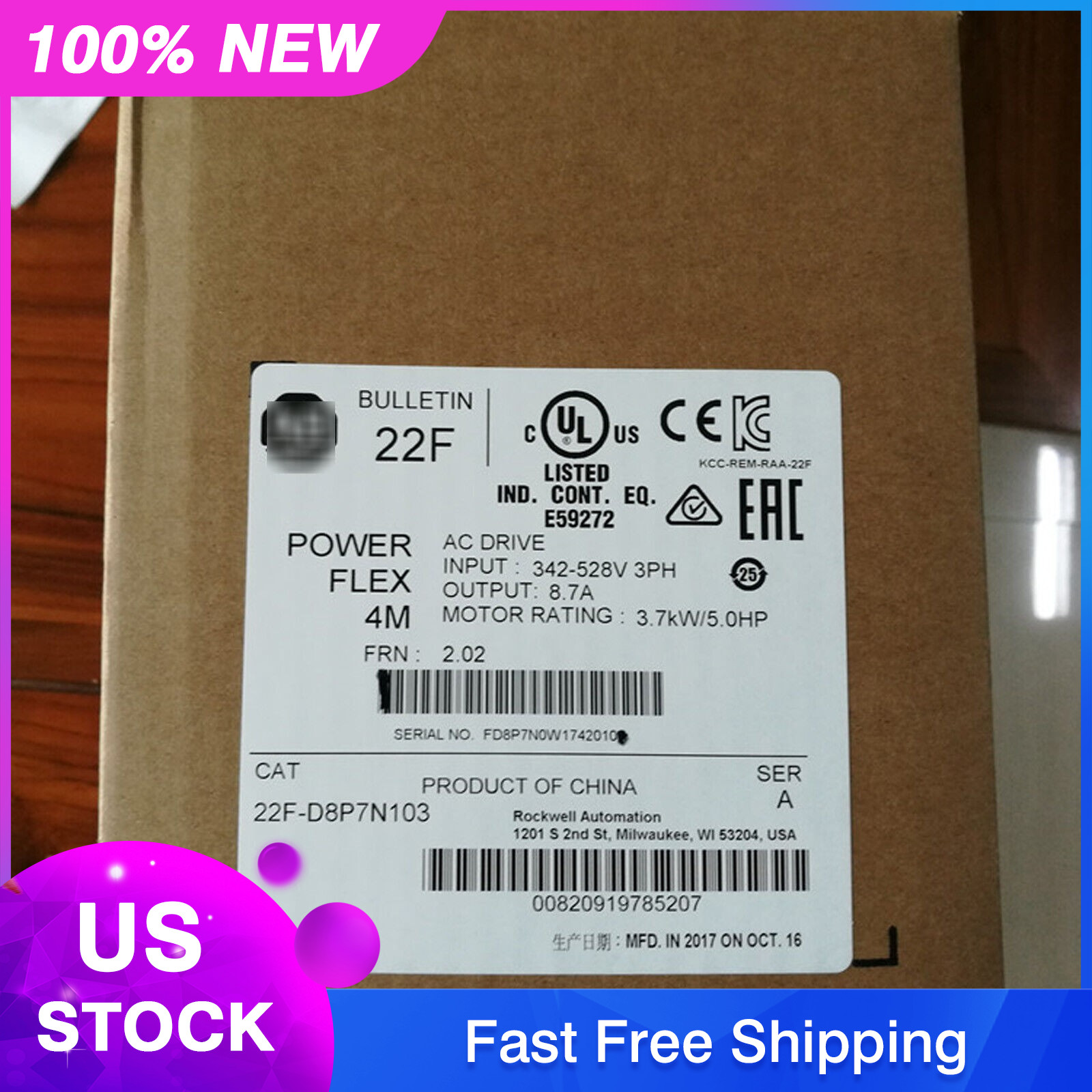 22F-D8P7N103 PowerFlex4M AC Drive Allen Bradley New Factory Sealed US Free Tax