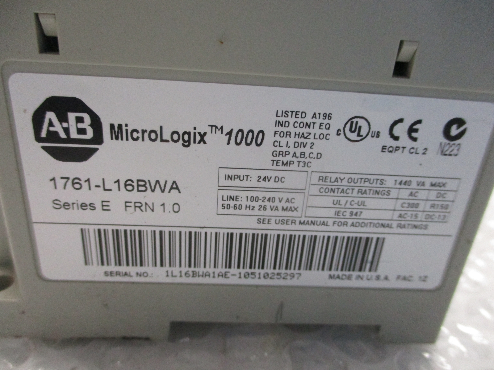 ALLEN BRADLEY 1761-L16BWA SER.E CONTROLLER NSNP