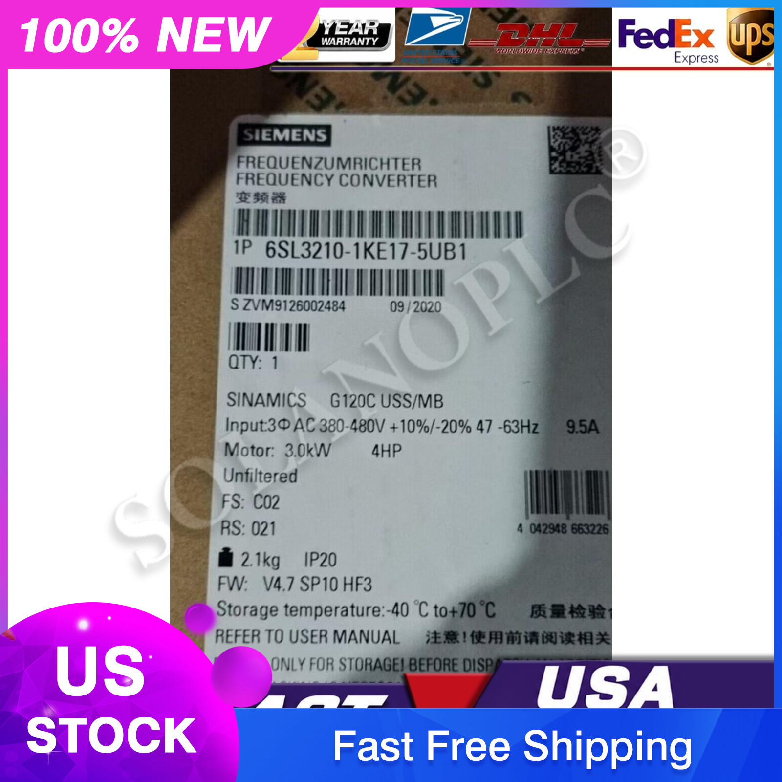 New Siemens 6SL3 210-1KE17-5UB1 6SL3210-1KE17-5UB1 G120C RATED POWER 3,0KW