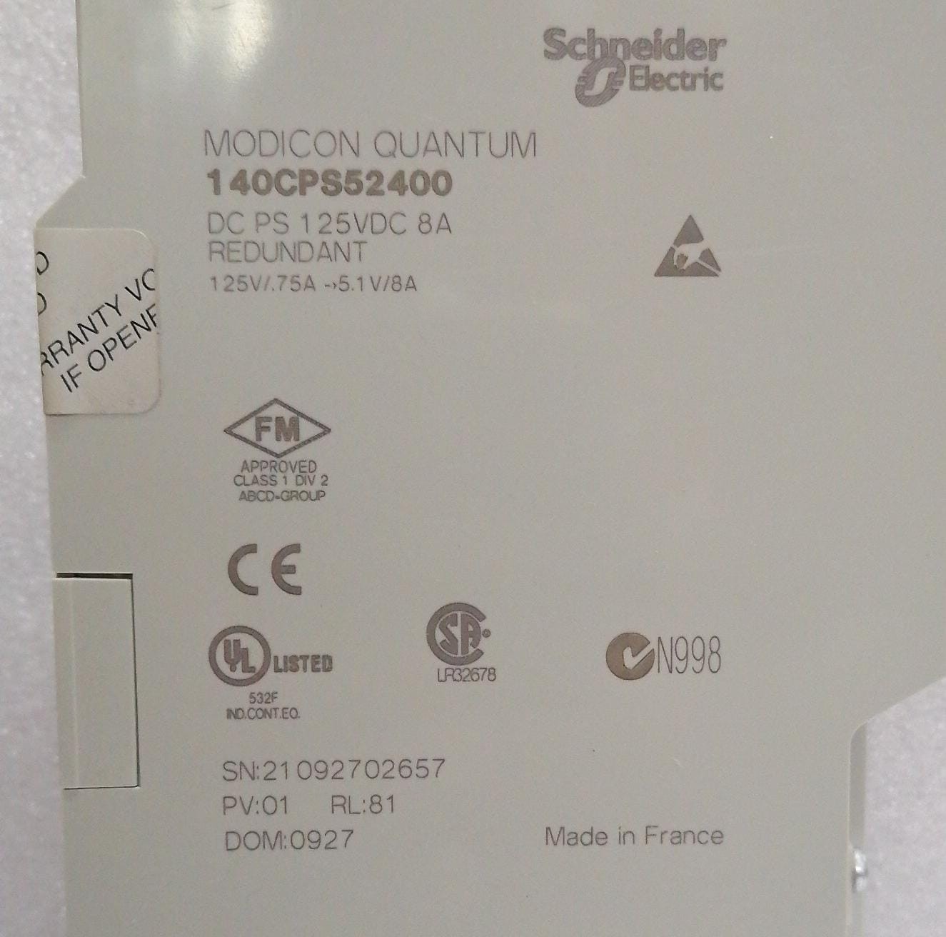 SCHNIEDER ELECTRIC 140CPS52400 MODICON QUANTUM 125VDC REDUNDANT – USED
