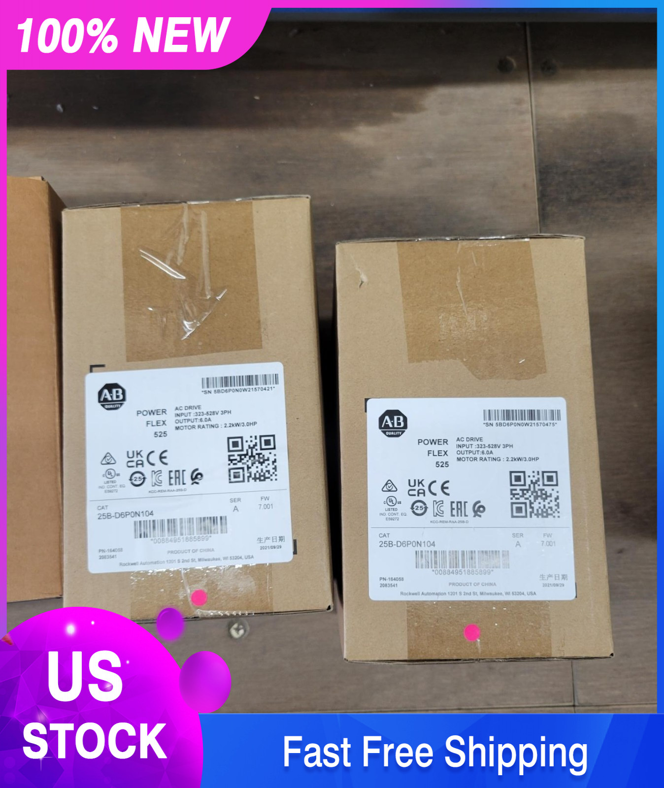 Allen Bradley Powerflex 525 VFD 3HP 480VAC 3 phase 25B-D6P0N104