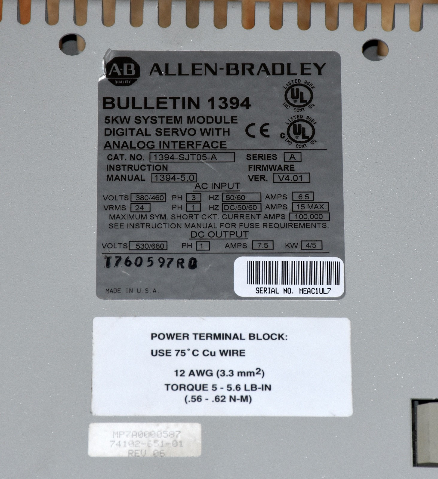 Allen-Bradley 1394-SJT05-A 5kW Servo System Module + 1201-HAP Terminal