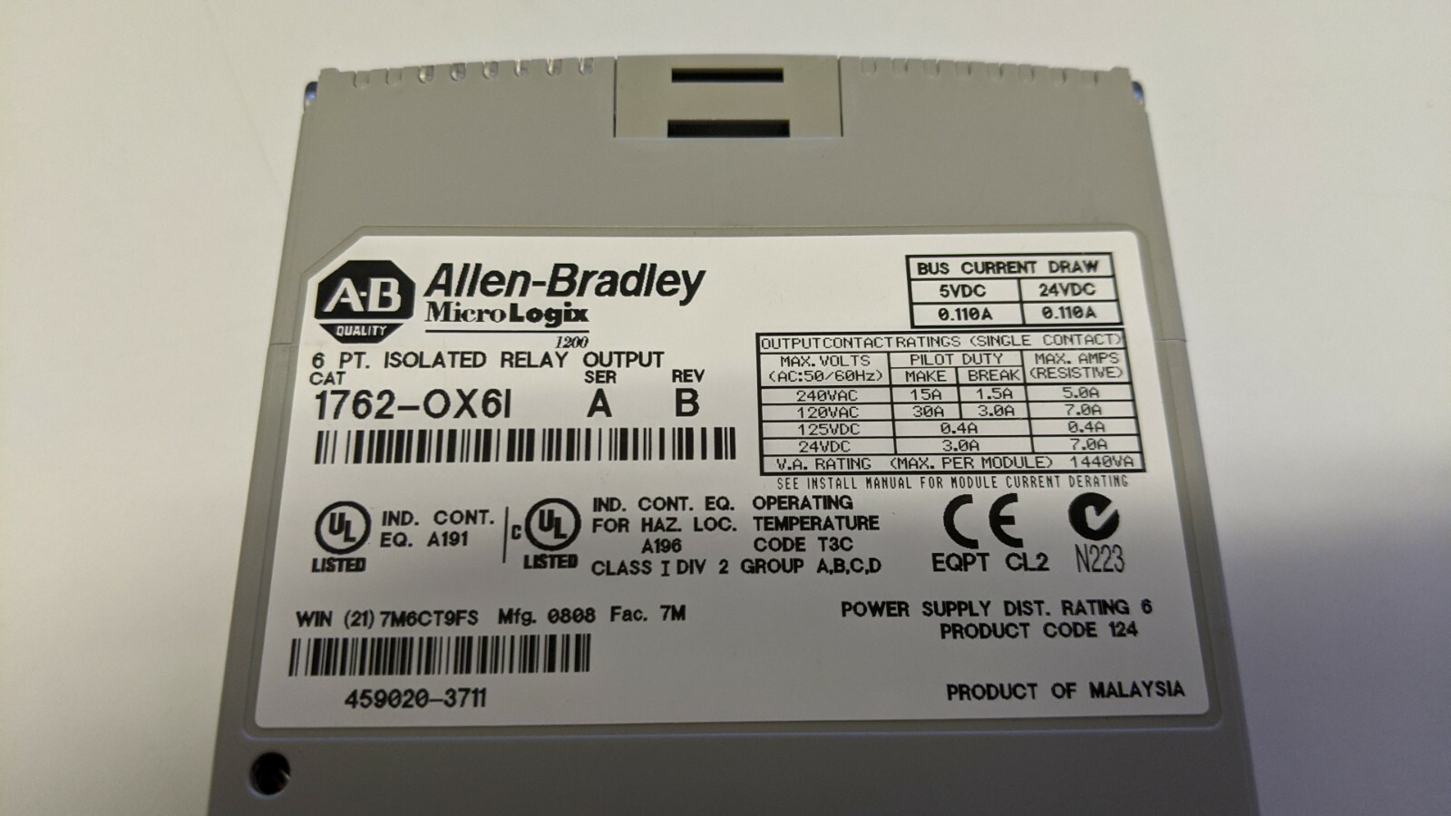 Allen Bradley 1762-OX6I Ser A 6 channel isolated relay output Micrologix.