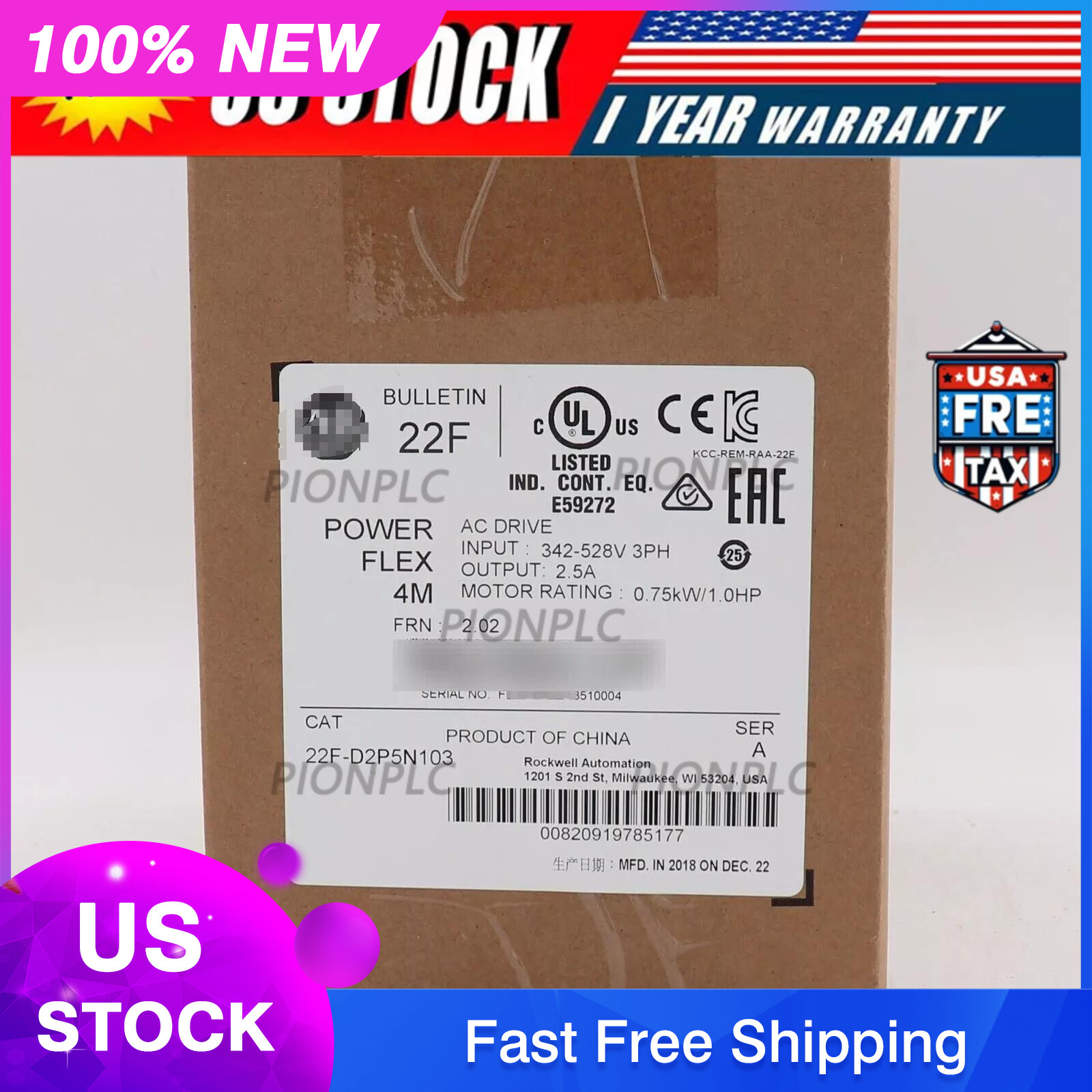 New In Box Sealed AB PowerFlex 4M 0.75kW 1HP AC Drive 22F-D2P5N103 US Free Tax