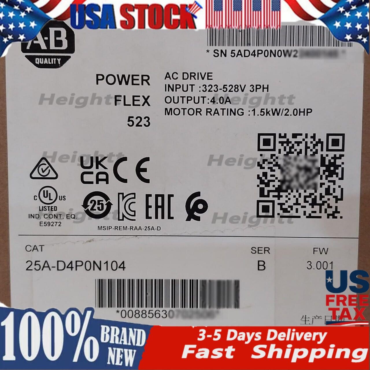New Sealed Allen-Bradley 25A-D4P0N104 Ser B PowerFlex 523 AC Drive 1.5kW 2.0HP