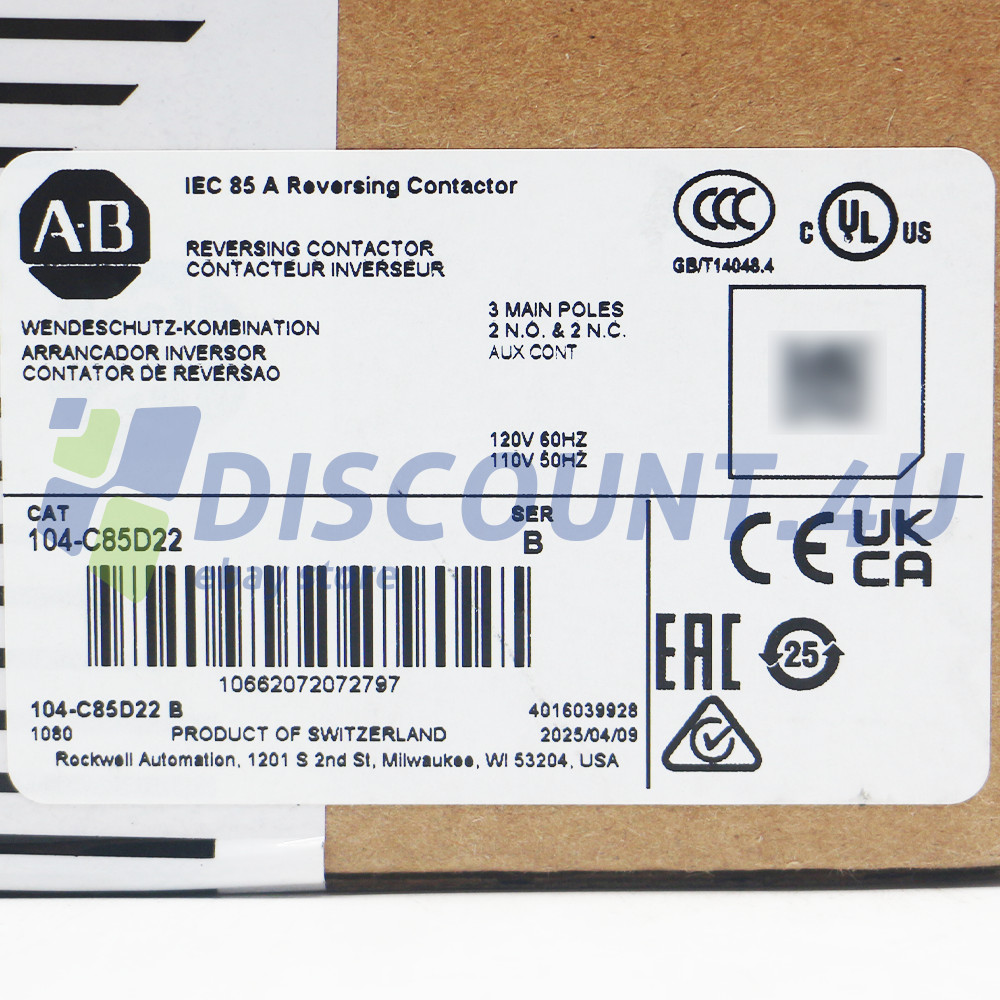 104-C85D22 AllenBradley 104-C IEC 85 A Reversing Contactor 110V 50Hz / 120V 60Hz