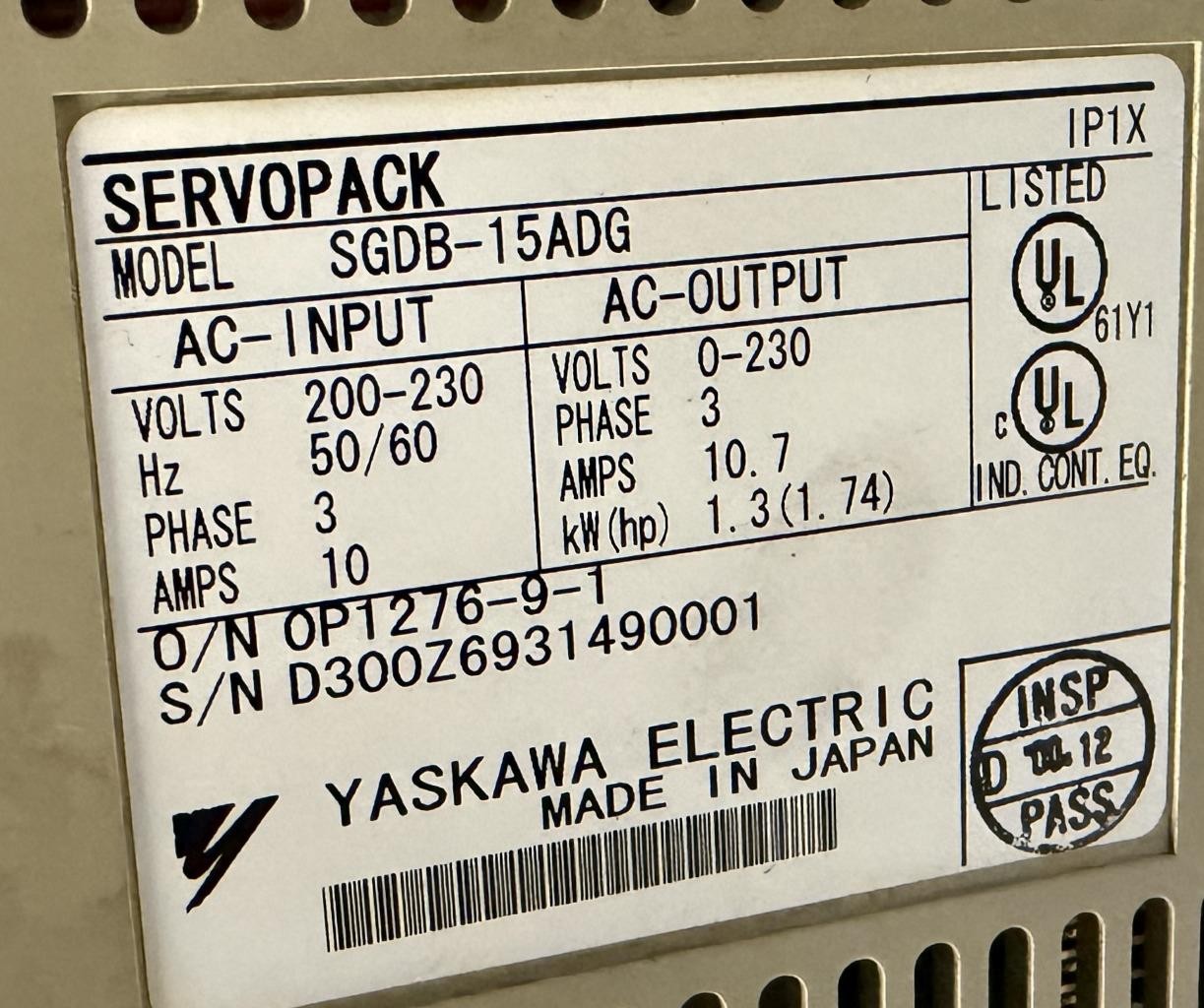 Yaskawa SGDB-15ADG Servopack Servo Driver 1.3 kW 3-Phase 200-230VAC