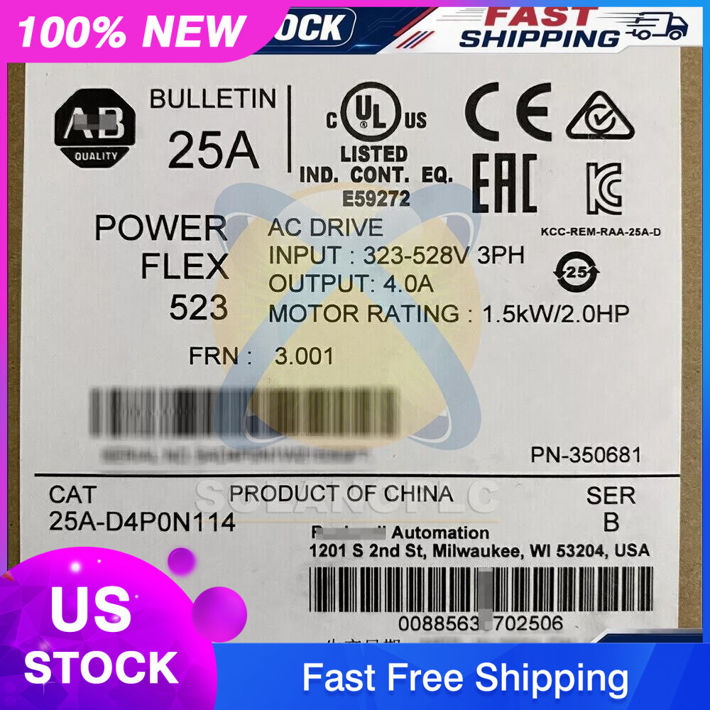 New Sealed AB 25A-D4P0N114 SER B PowerFlex 523 AC Drive 1.5kW 2HP US Free Tax