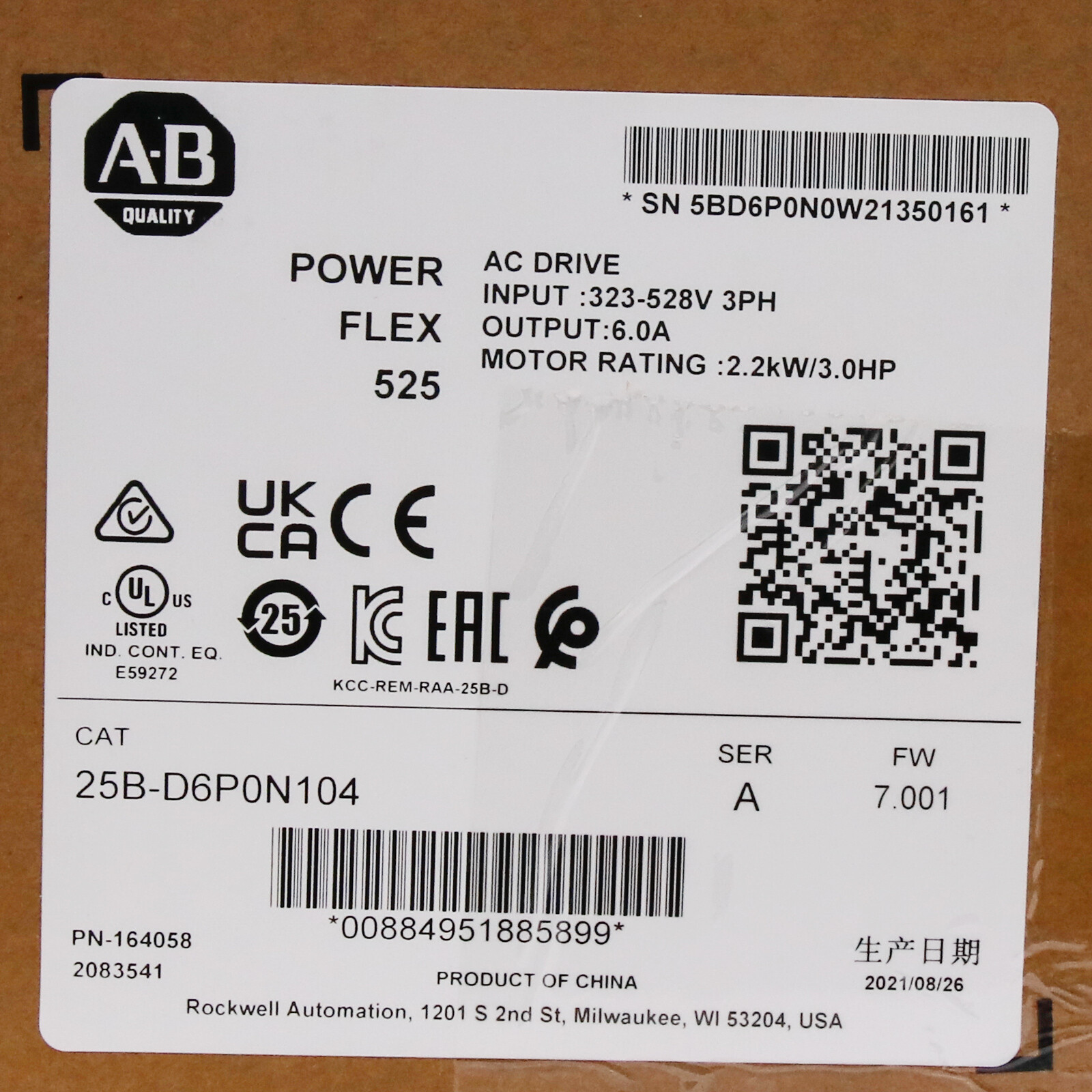 New Original Factory Sealed AB PowerFlex 525 2.2kW 3Hp AC Drive 25B-D6P0N104