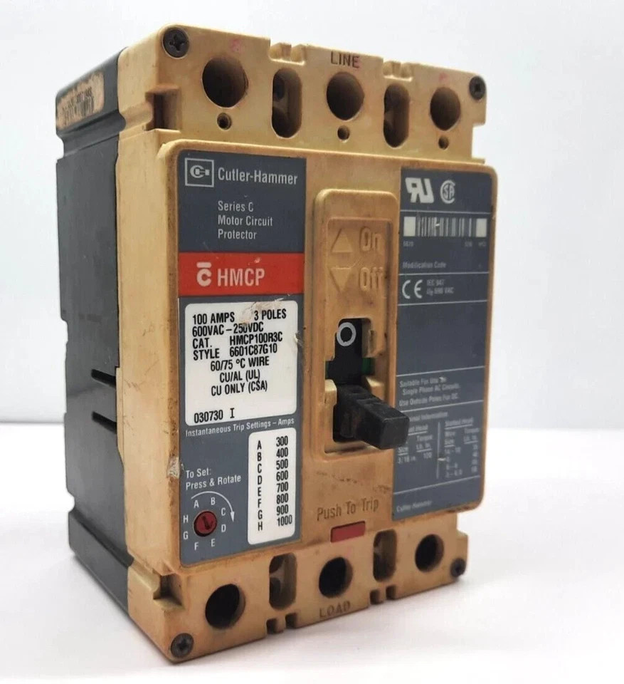 CUTLER HAMMER SERIES C HMCP100R3C Motor CIRCUIT BREAKER 3 POLE 100 AMPS 600VA