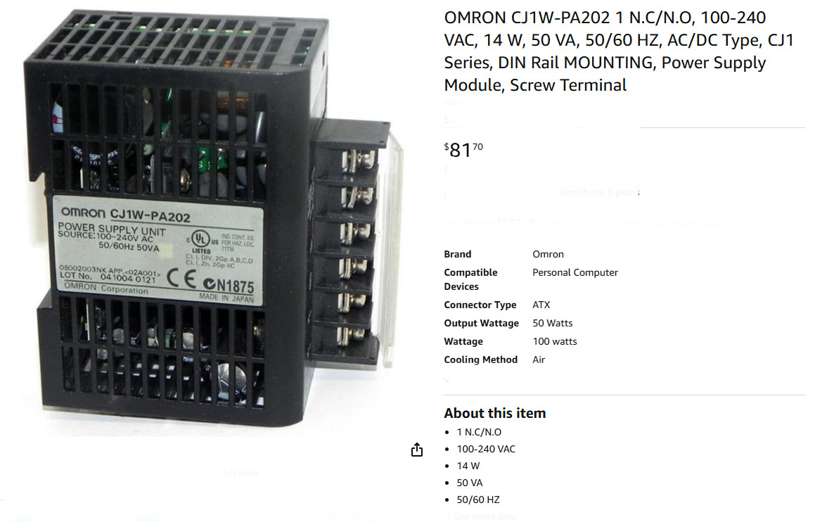 OMRON CJ1W-PA202 Power Supply Unit, 100-240 VAC, 14W