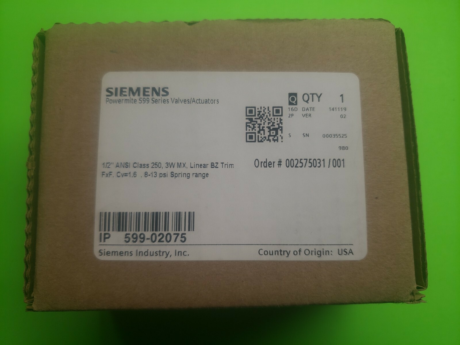 Siemens 599-02075, Control Valve, 3-way, 1/2 In Npt. CV1.6 New.