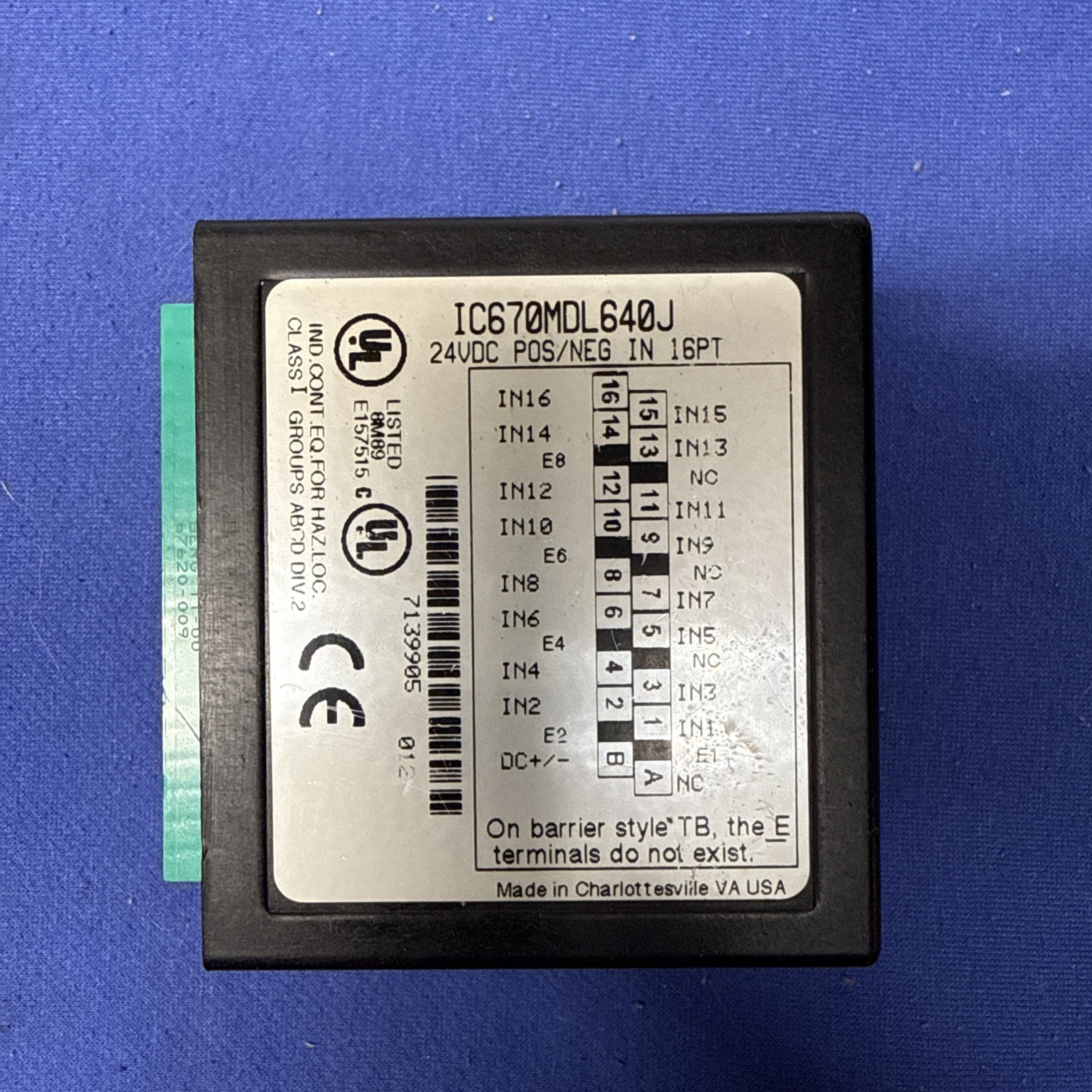 GE FANUC IC670MDL640J Input Module 24VDC POS/NEG IN 16PT Good used