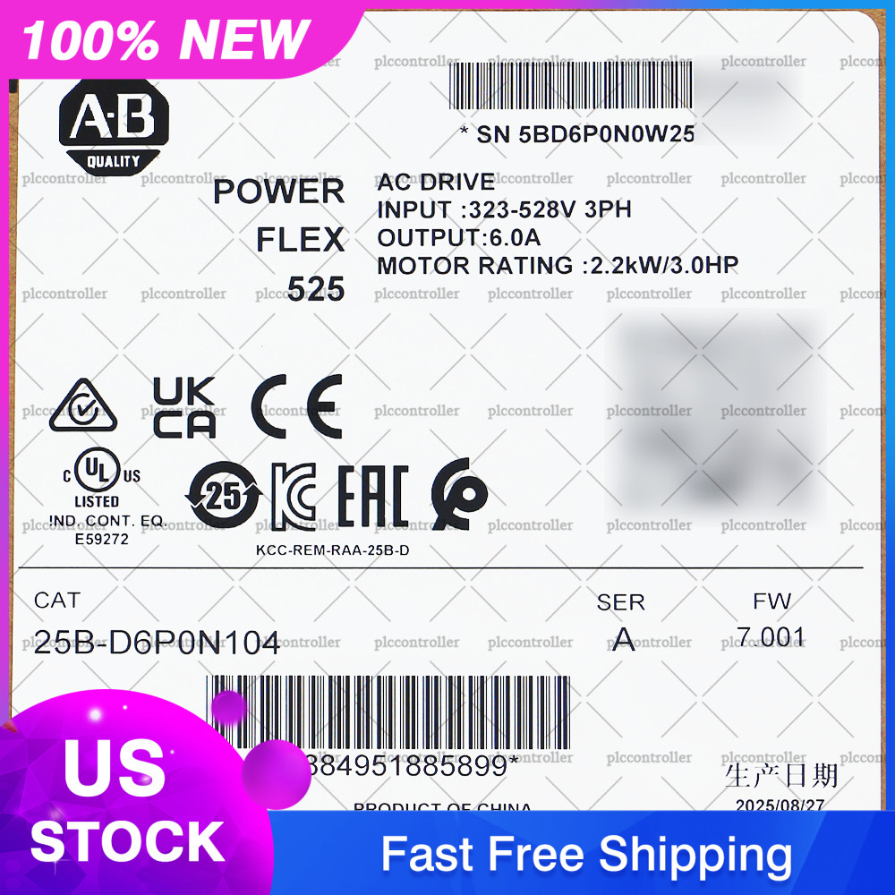 2025 New Allen Bradley 25B-D6P0N104 PowerFlex 525 2.2kW (3Hp) AC Drive 3 Phase