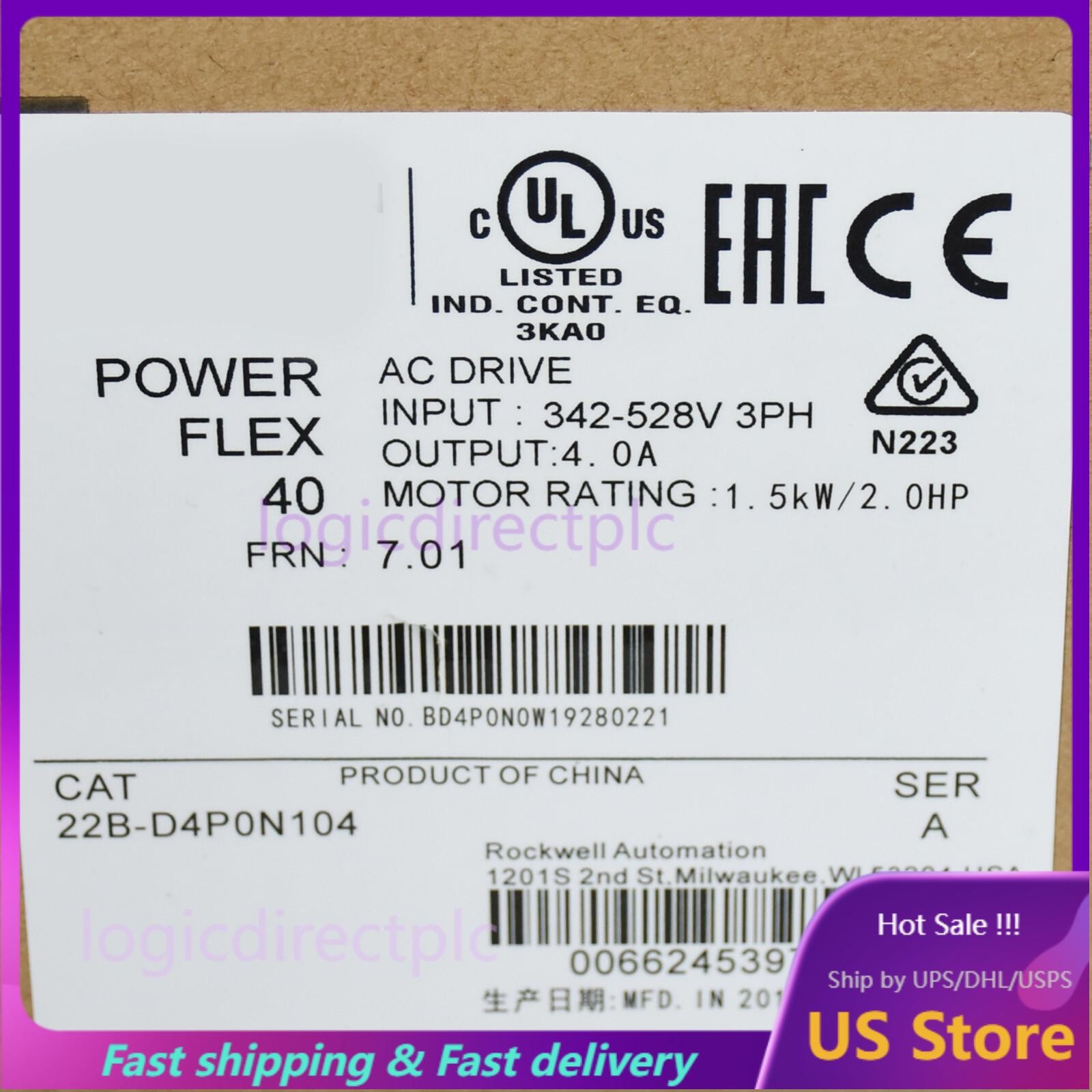 New Sealed Allen-Bradley 22B-D4P0N104 PowerFlex 1.5 kW 2 HP AC Drive AB